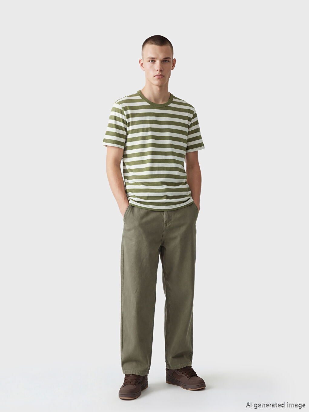 Haki Bisiklet Yaka Çizgili Erkek Tişört		
-1