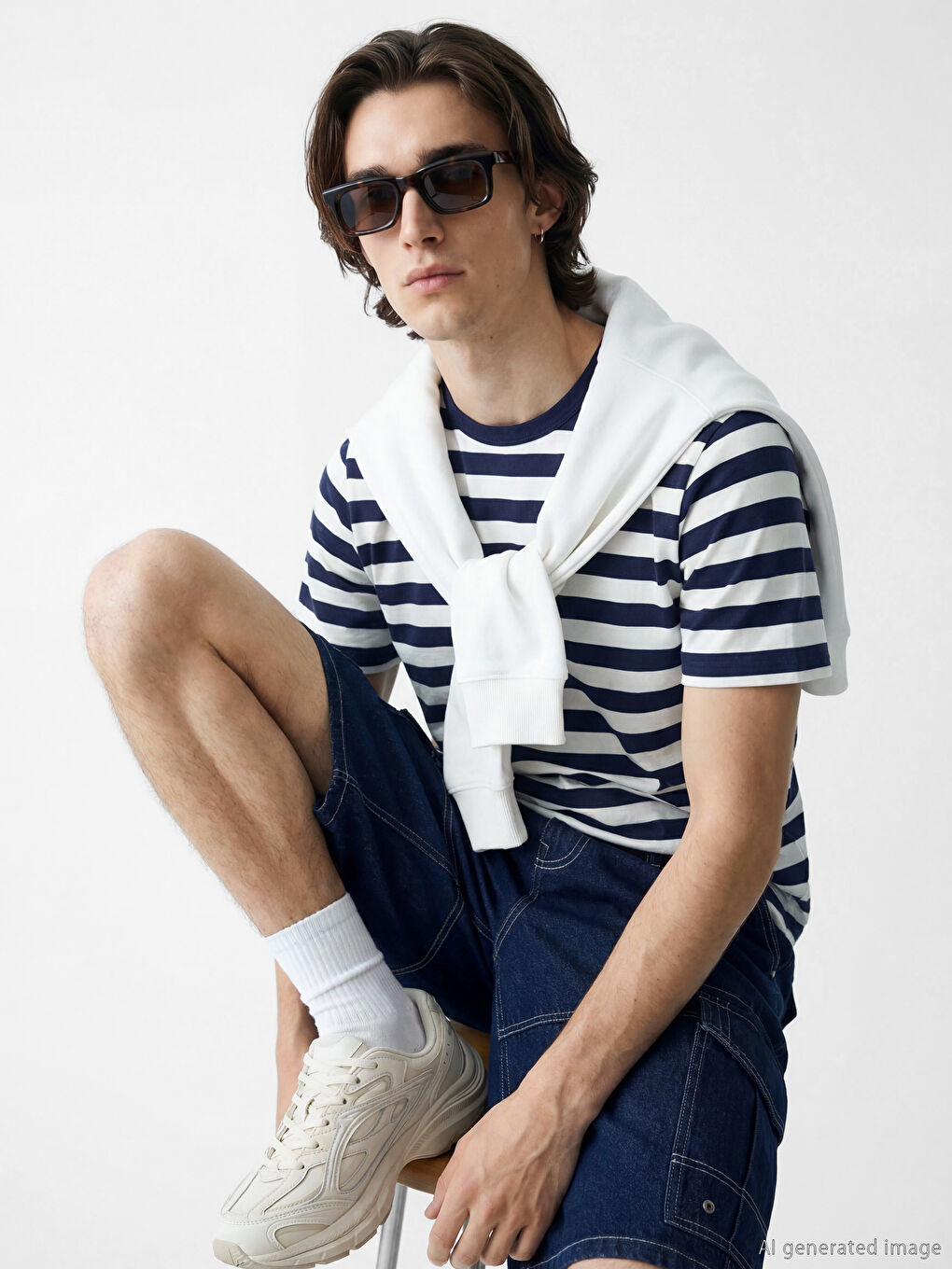 Lacivert Bisiklet Yaka Çizgili Erkek Tişört		
