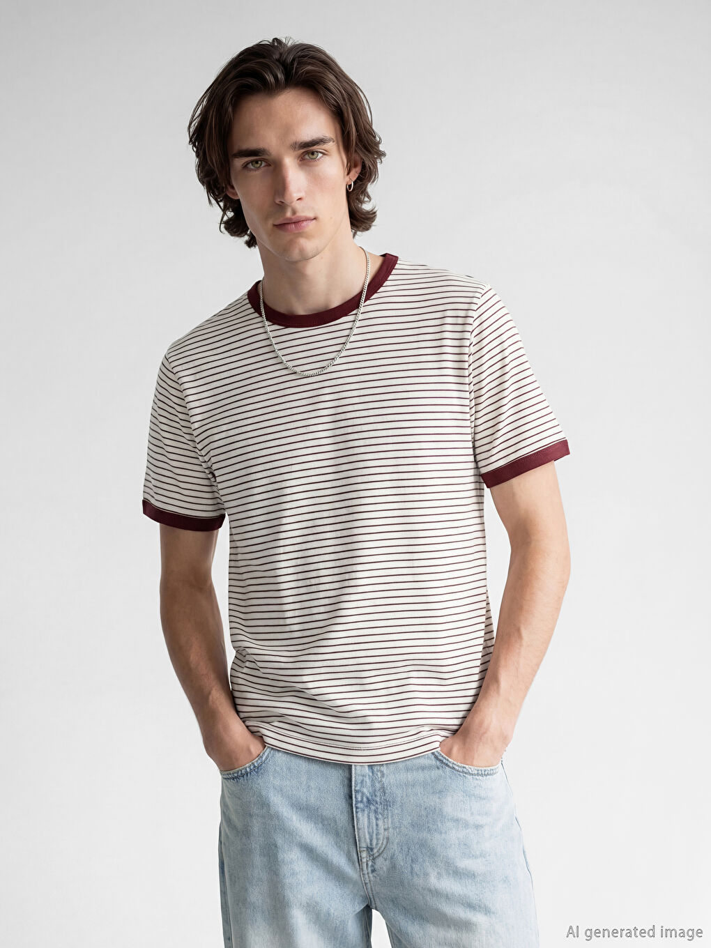 Bordo Bisiklet Yaka Çizgili Erkek Tişört