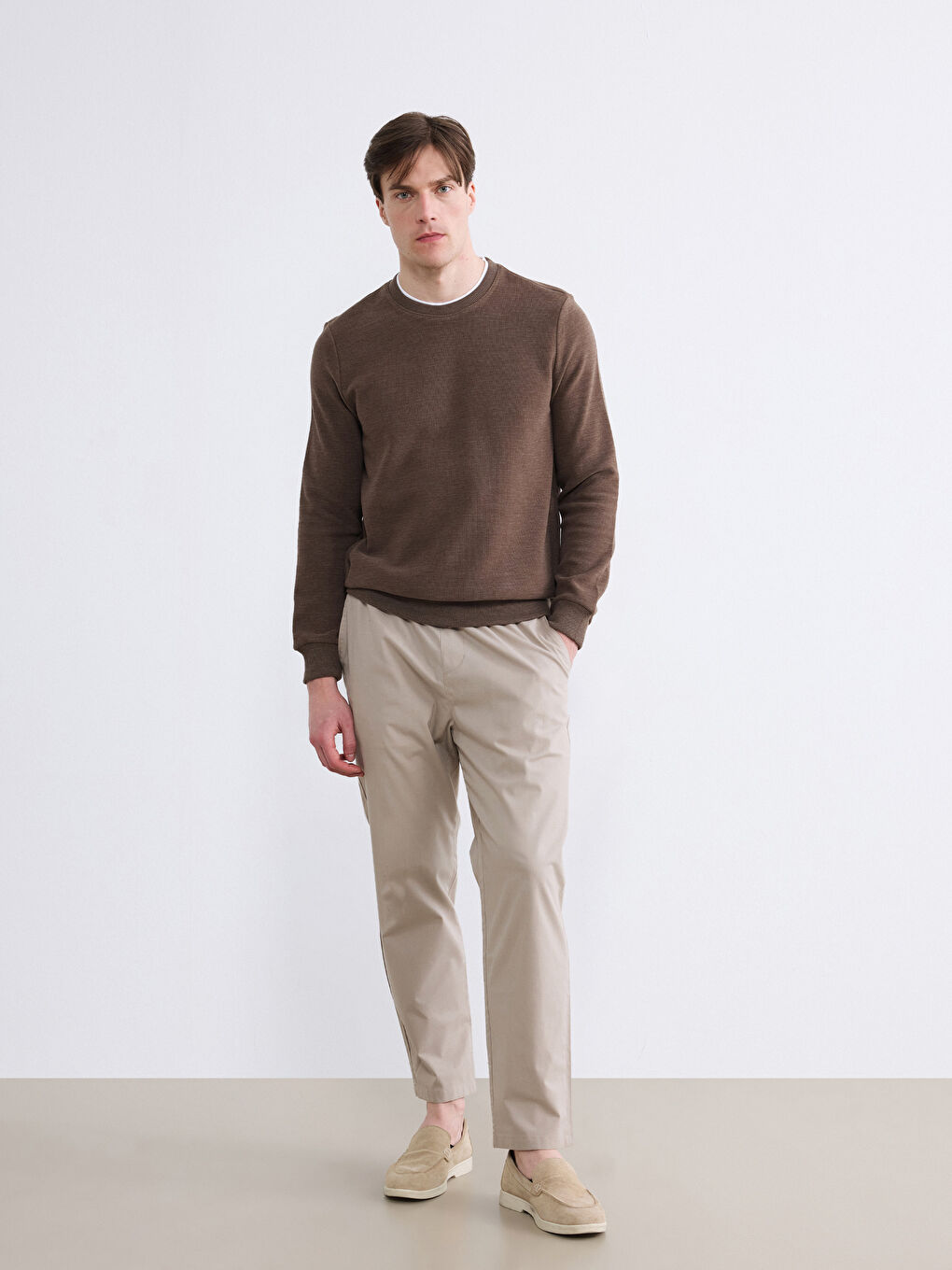 Bej Bisiklet Yaka Erkek Sweatshirt-1