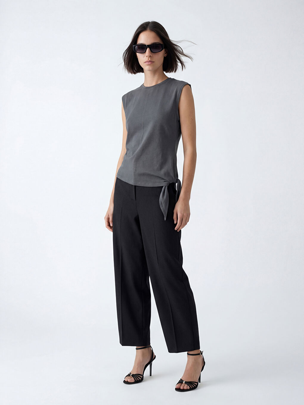 Kahverengi Balon Kesim Çizgili Geniş Paça Kadın Pantolon