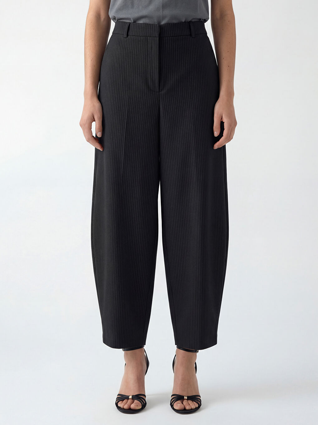 Kahverengi Balon Kesim Çizgili Geniş Paça Kadın Pantolon-1