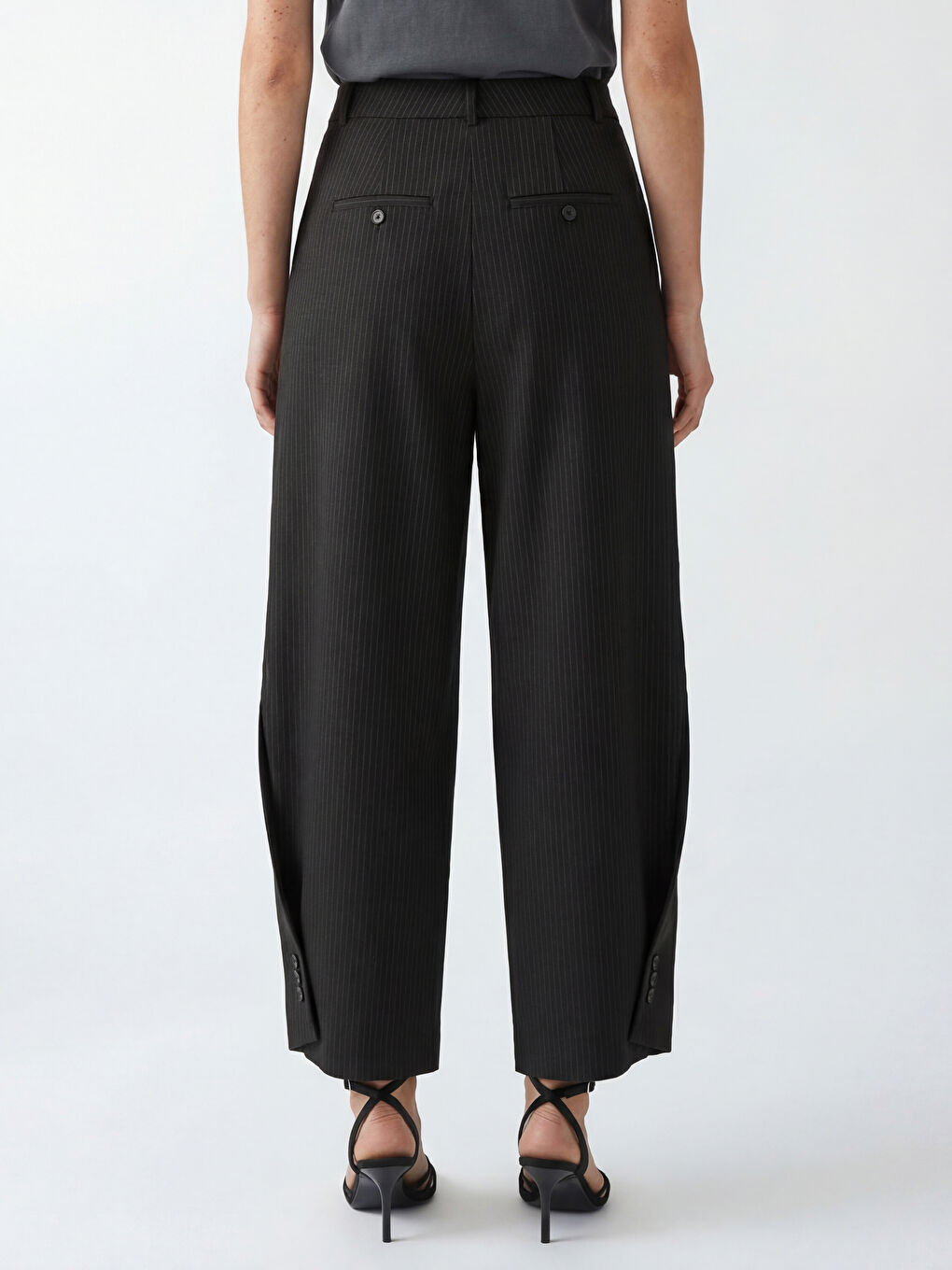 Kahverengi Balon Kesim Çizgili Geniş Paça Kadın Pantolon-2