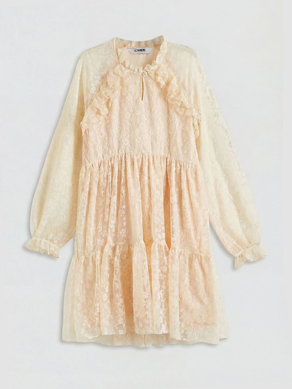 Ekru Hakim Yaka Fırfırlı Kız Çocuk Dantel Elbise