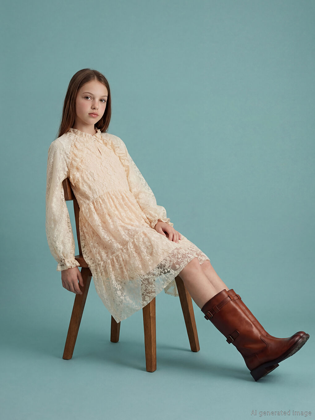 فستان دانتيل بناتي بياقة مندرين مع كشكش