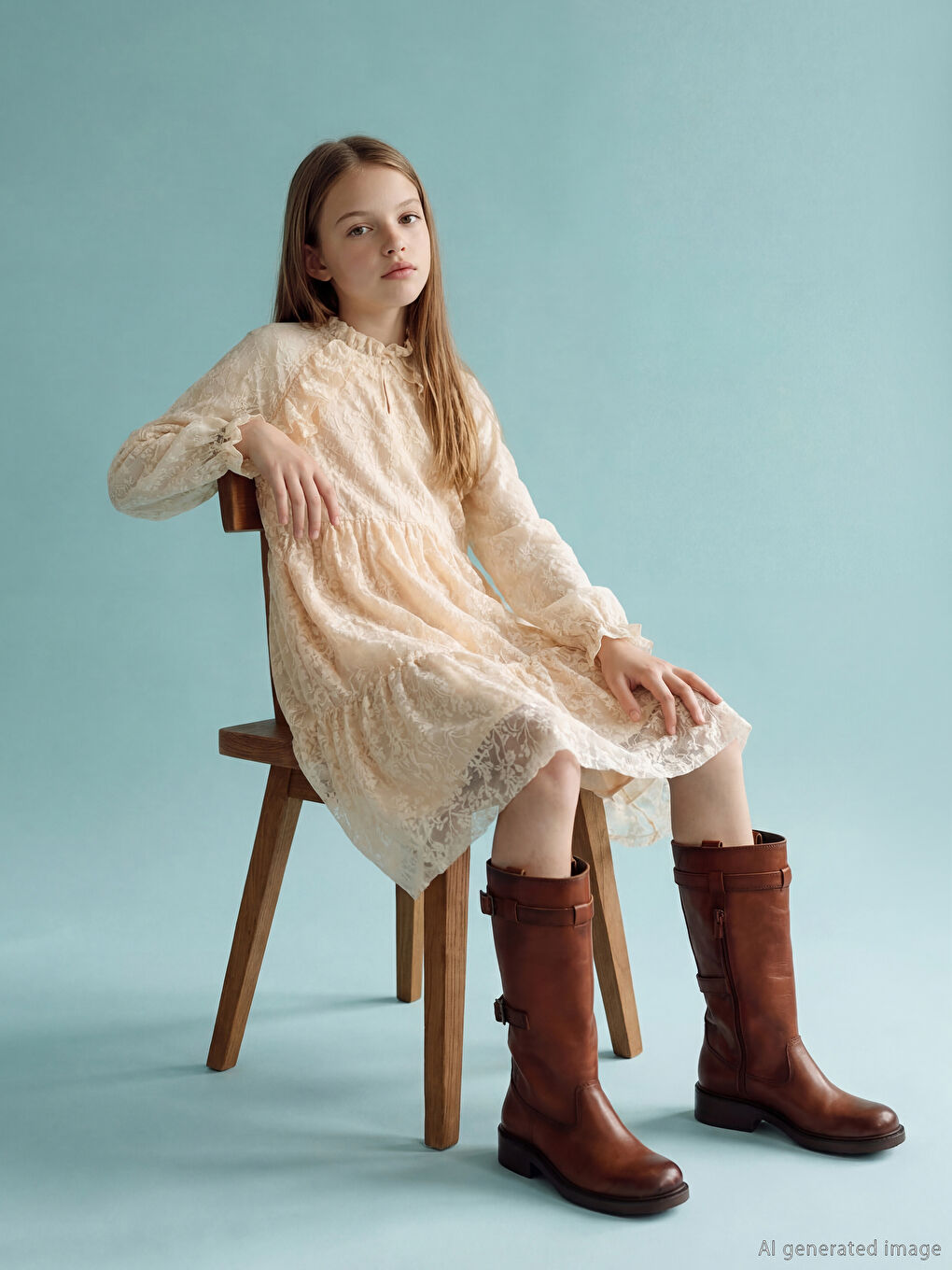 فستان دانتيل بناتي بياقة مندرين مع كشكش-1