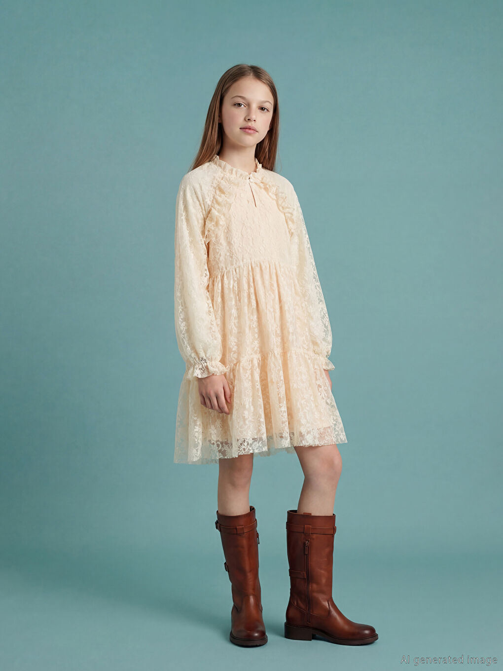 فستان دانتيل بناتي بياقة مندرين مع كشكش-2