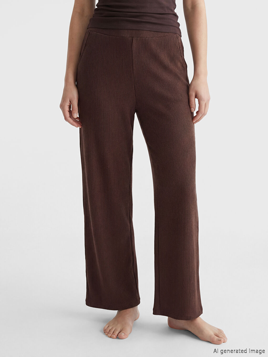 Kahverengi Beli Lastikli Fitilli Kadın Pijama Altı-1