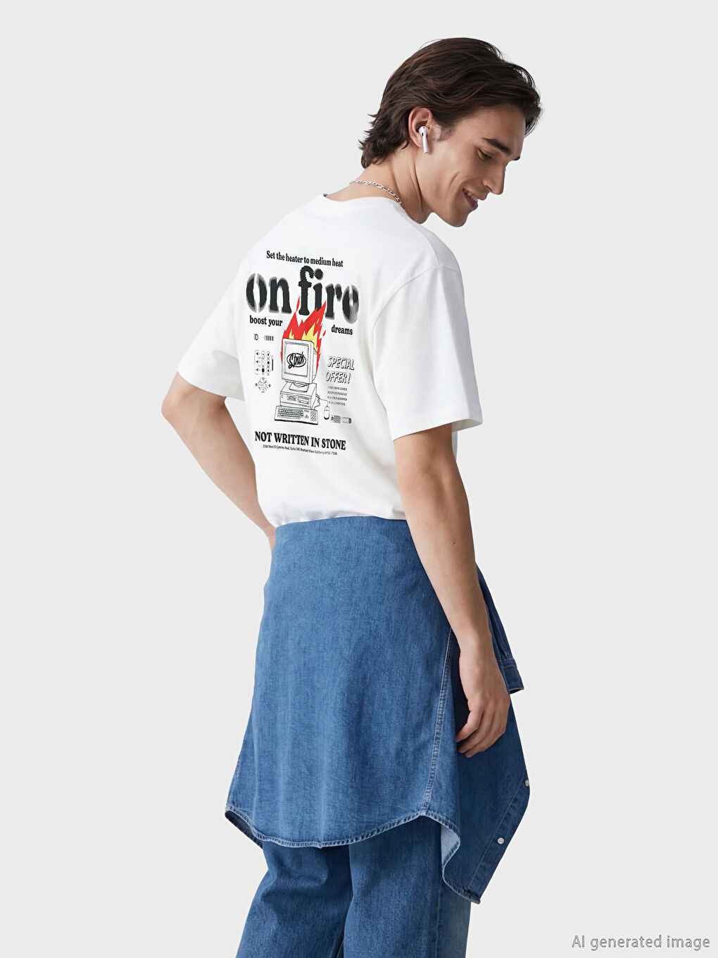 تي شيرت رجالي جيرسي مطبوع برقبة دائرية