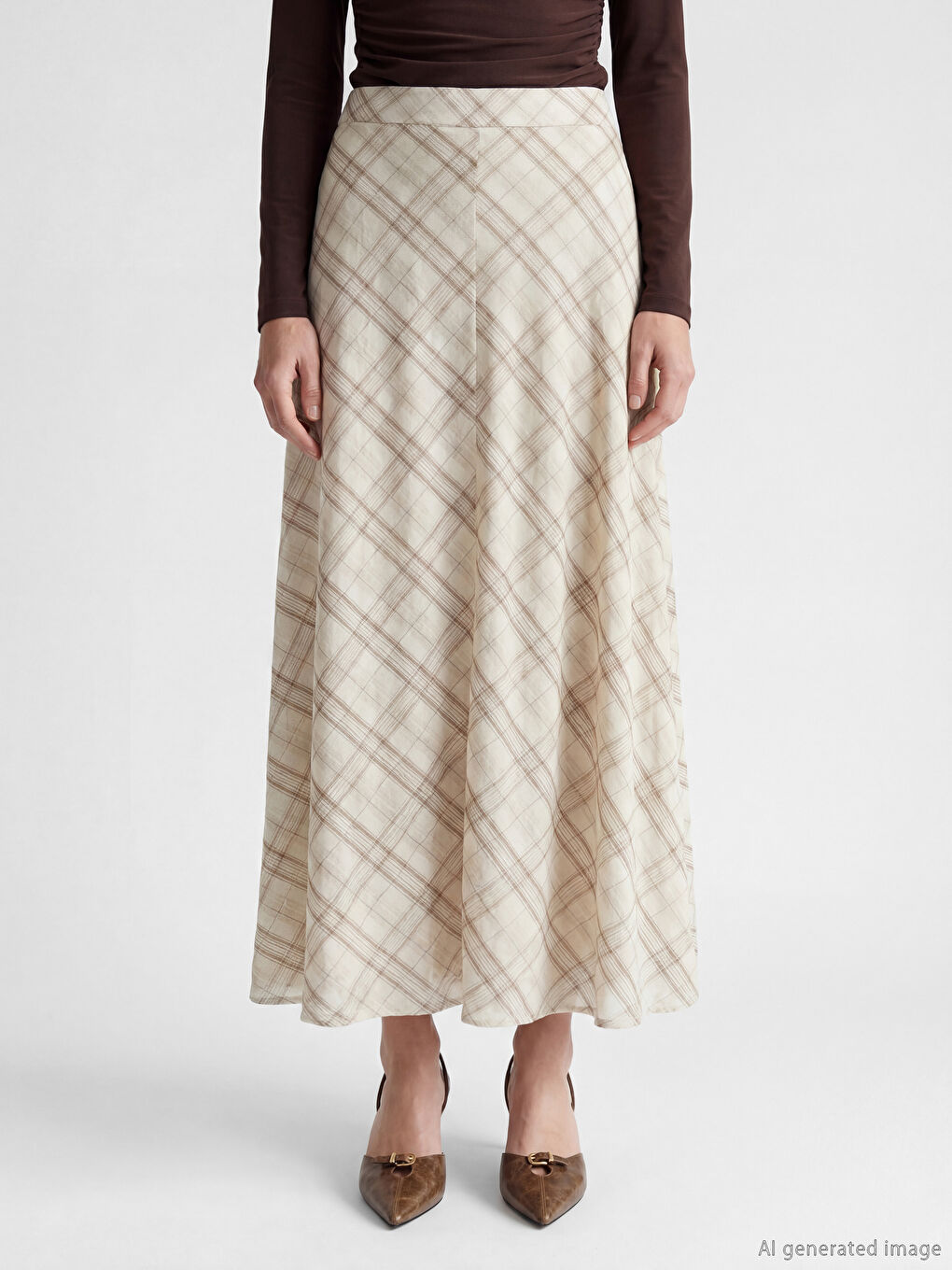 Ekru Beli Lastikli Ekose A Kesim Etek-1