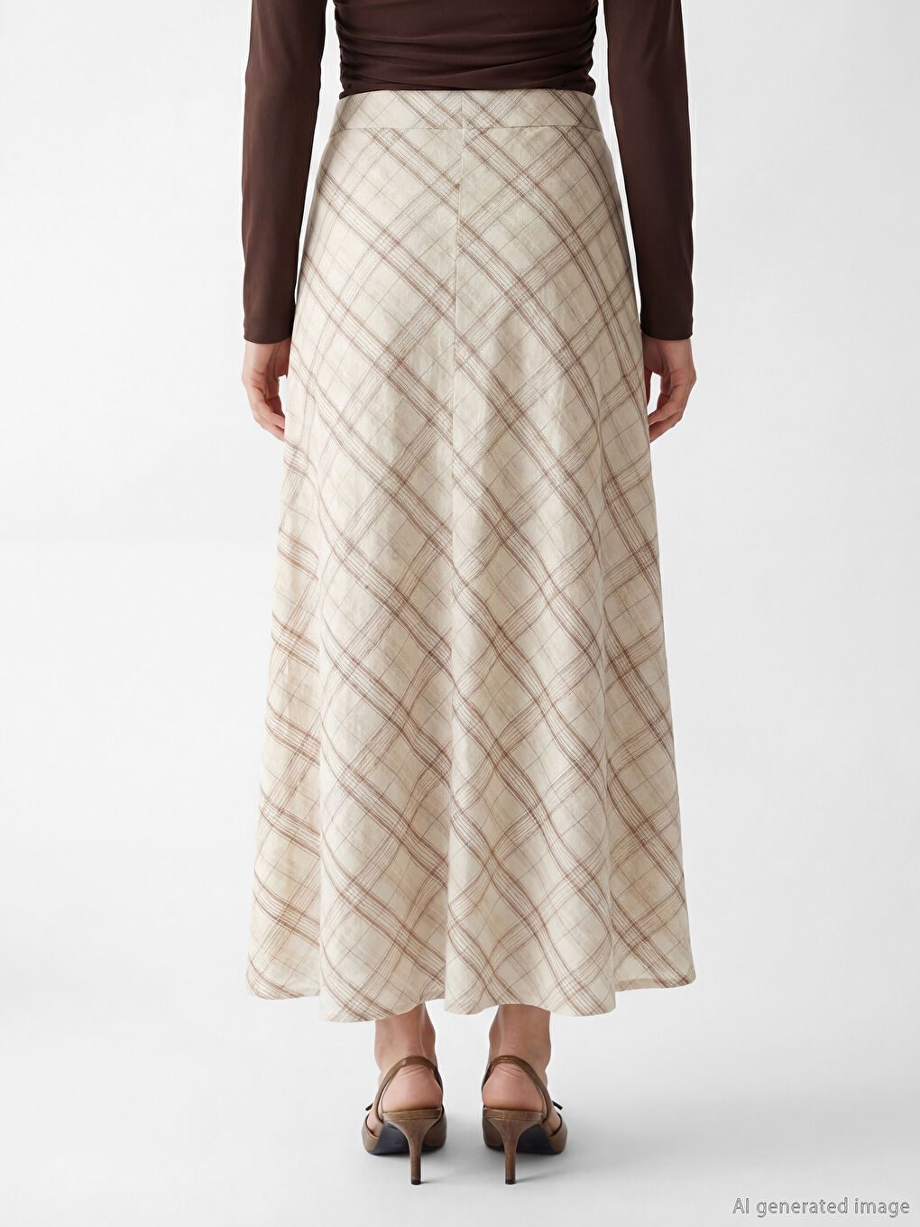 Ekru Beli Lastikli Ekose A Kesim Etek-3