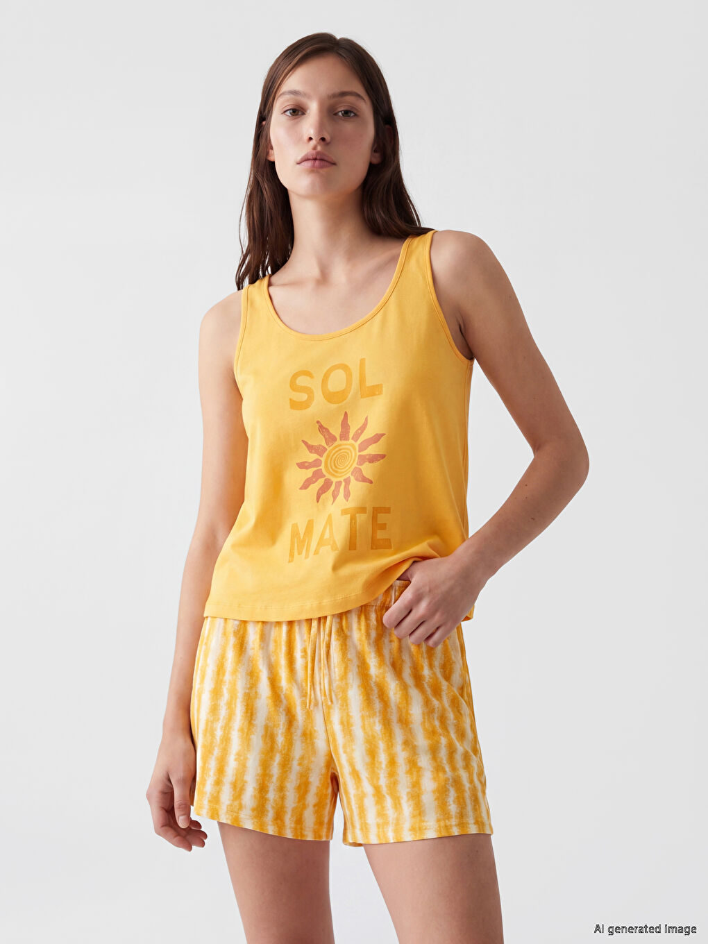 Sarı Bisiklet Yaka Kadın Şortlu Pijama Takımı
