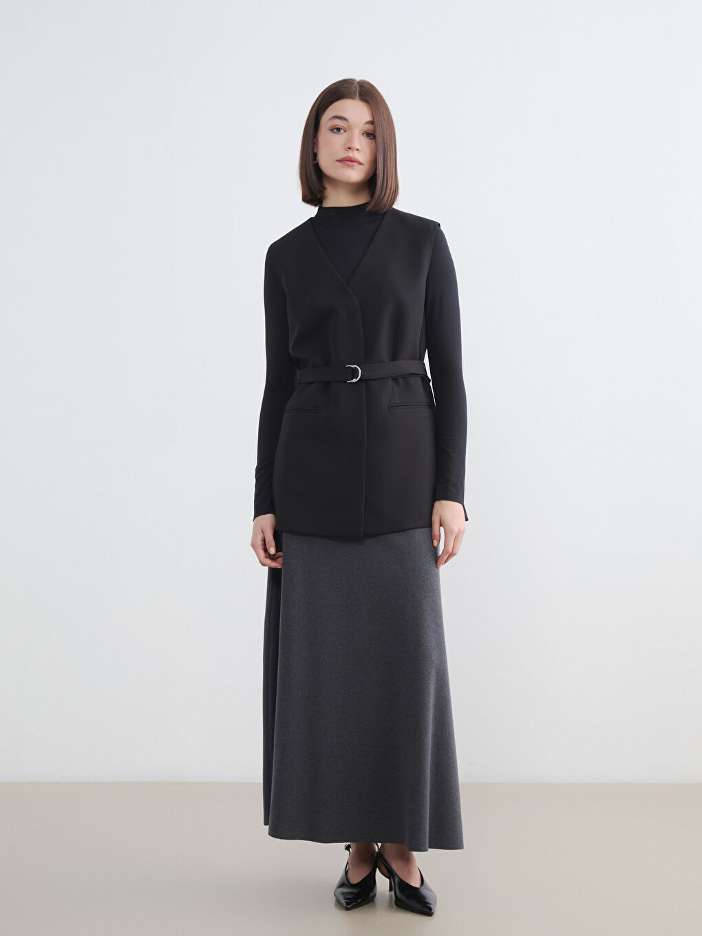 Bej Beli Lastikli Kloş Etek