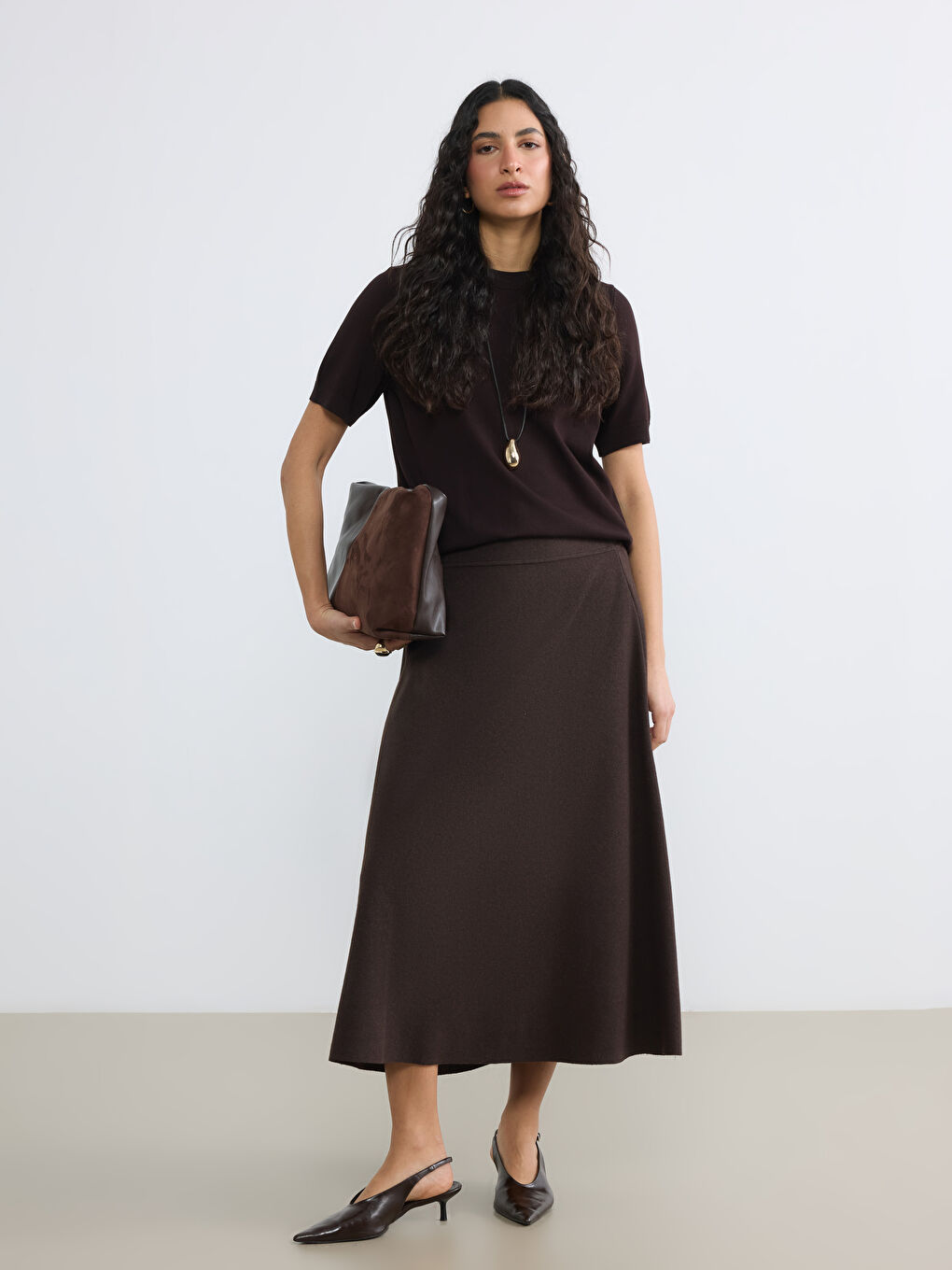 Kahverengi Beli Lastikli Kloş Etek-1