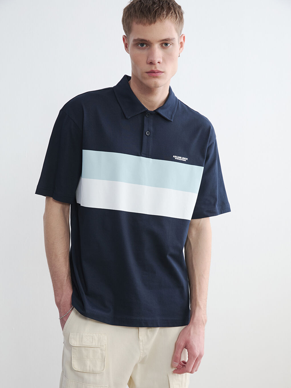 Lacivert Polo Yaka Oversize Erkek Penye Tişört