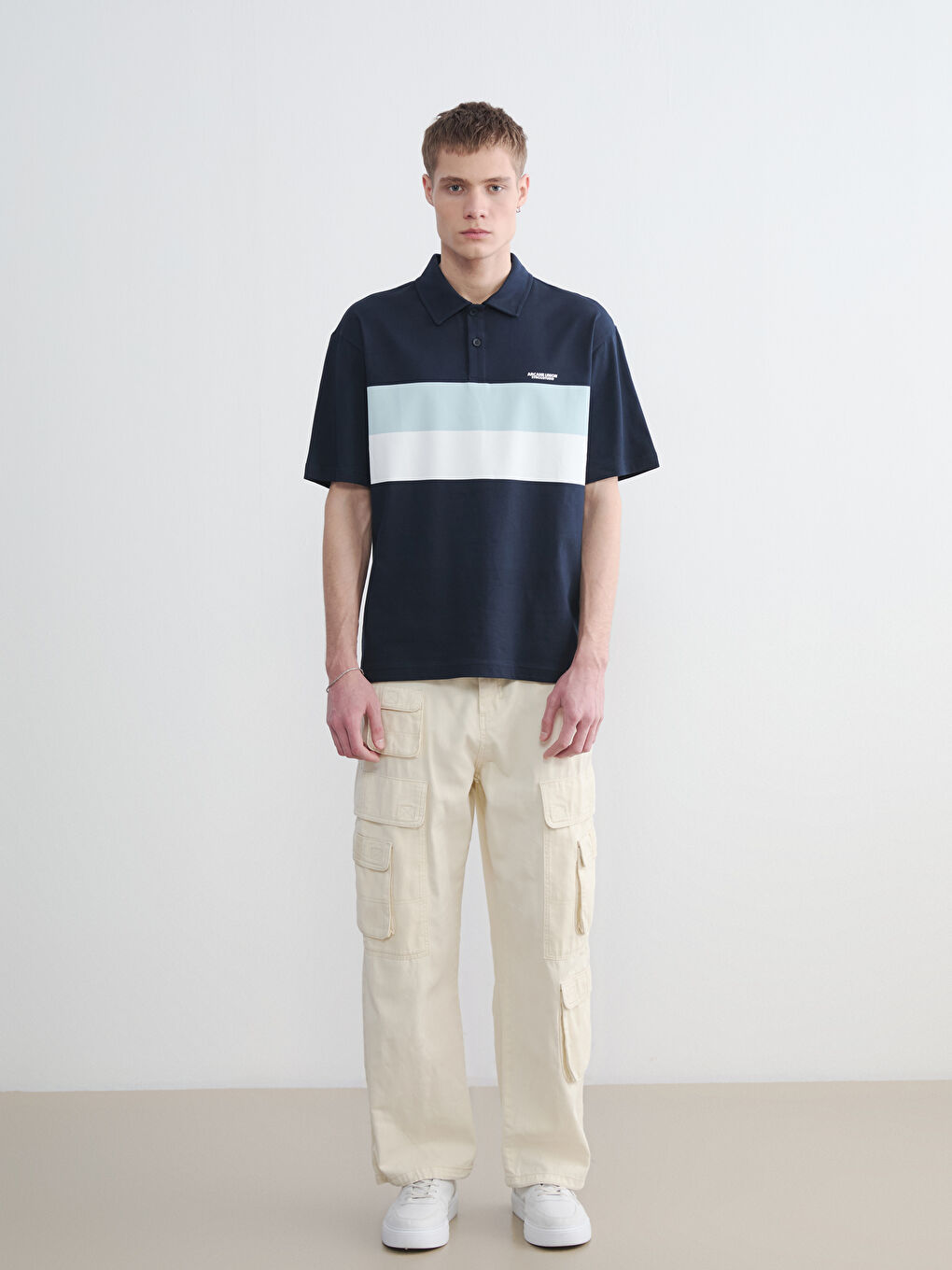 Lacivert Polo Yaka Oversize Erkek Penye Tişört-1