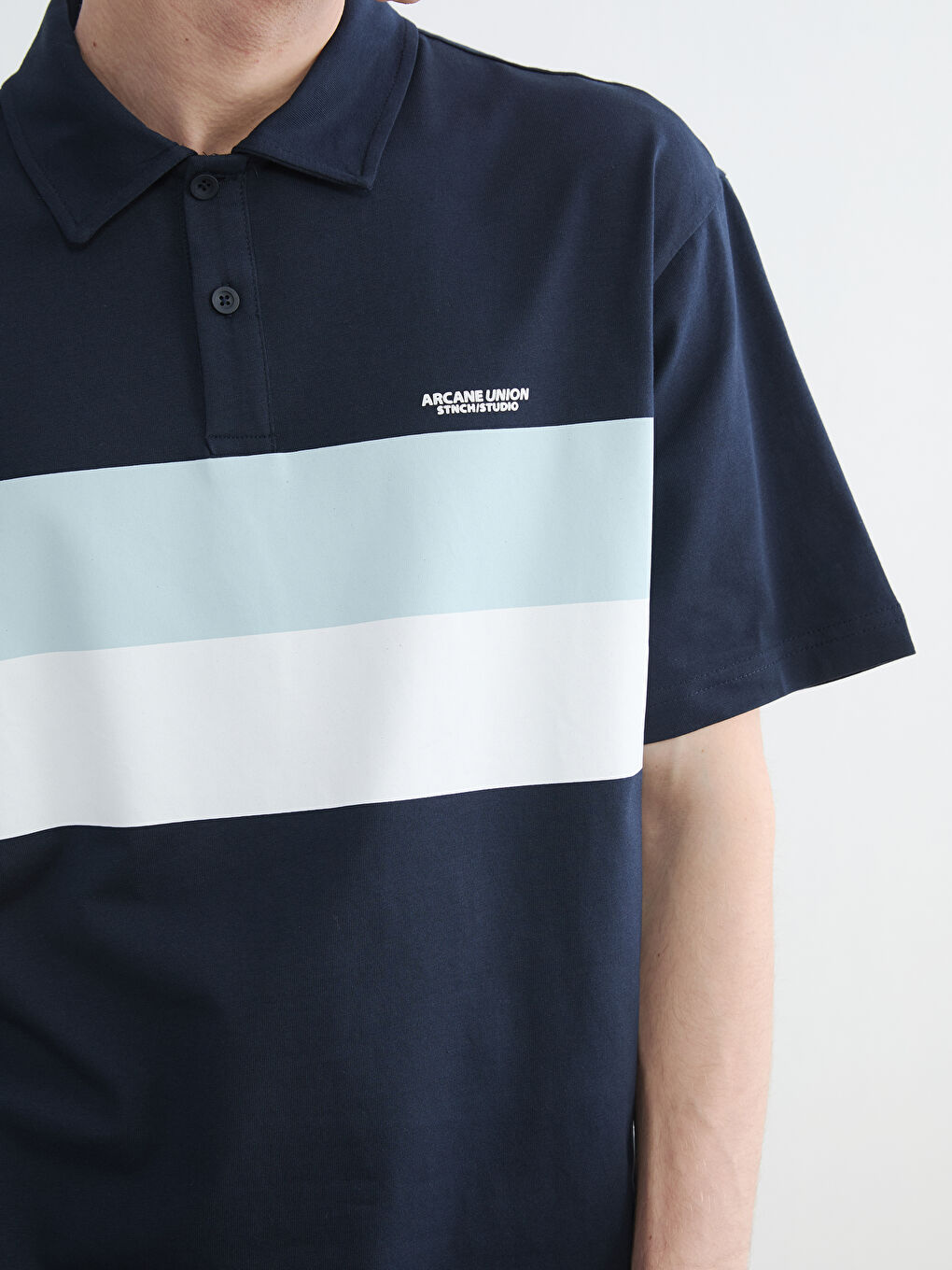 Lacivert Polo Yaka Oversize Erkek Penye Tişört-2