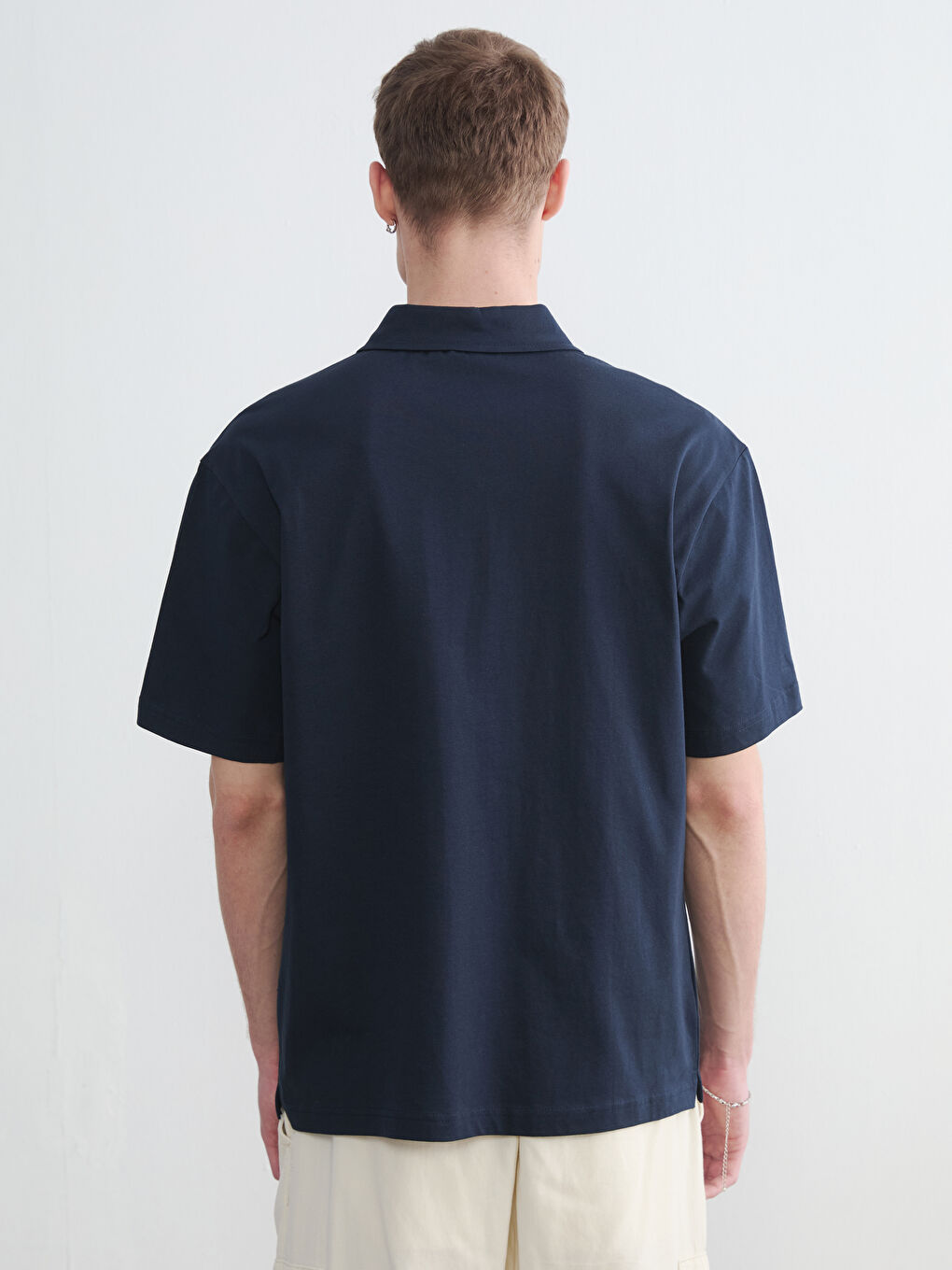 Lacivert Polo Yaka Oversize Erkek Penye Tişört-3