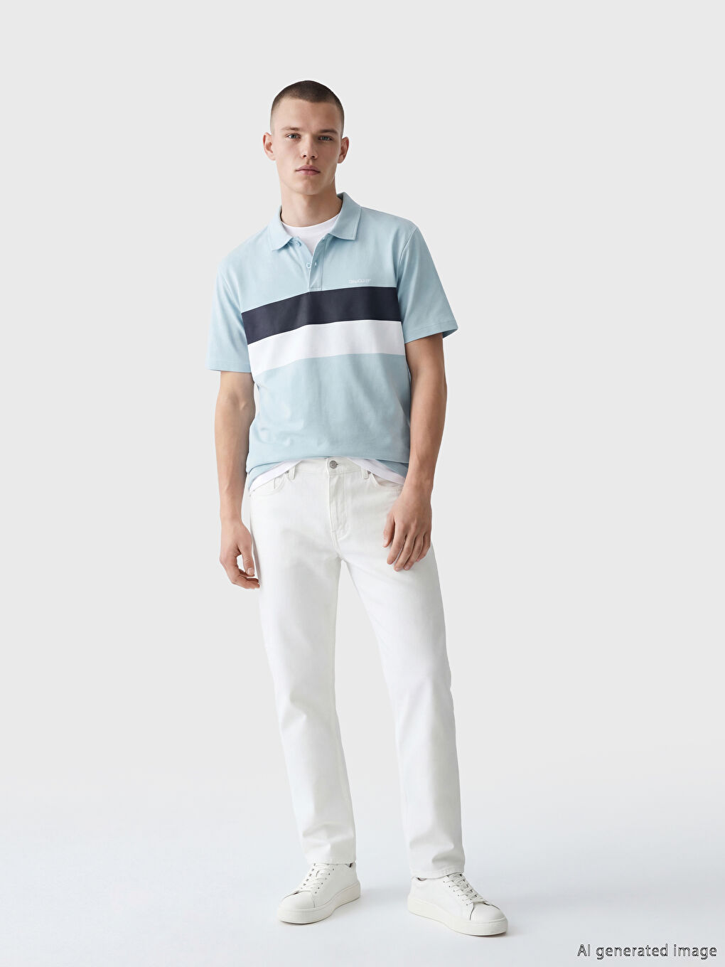 Mavi Polo Yaka Oversize Erkek Penye Tişört-1