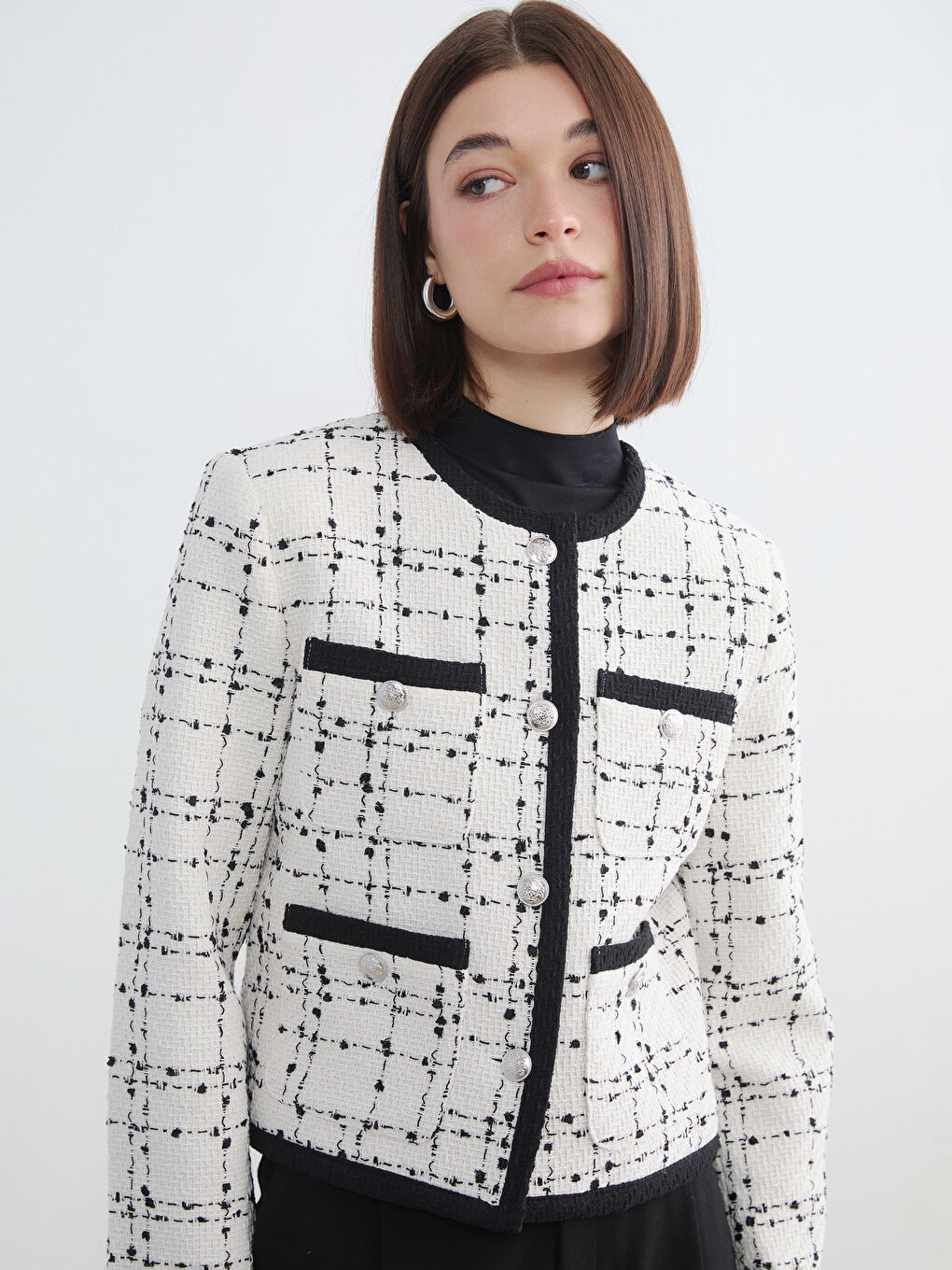 Ekru Bisiklet Yaka Ekose Kadın Tüvit Ceket-3