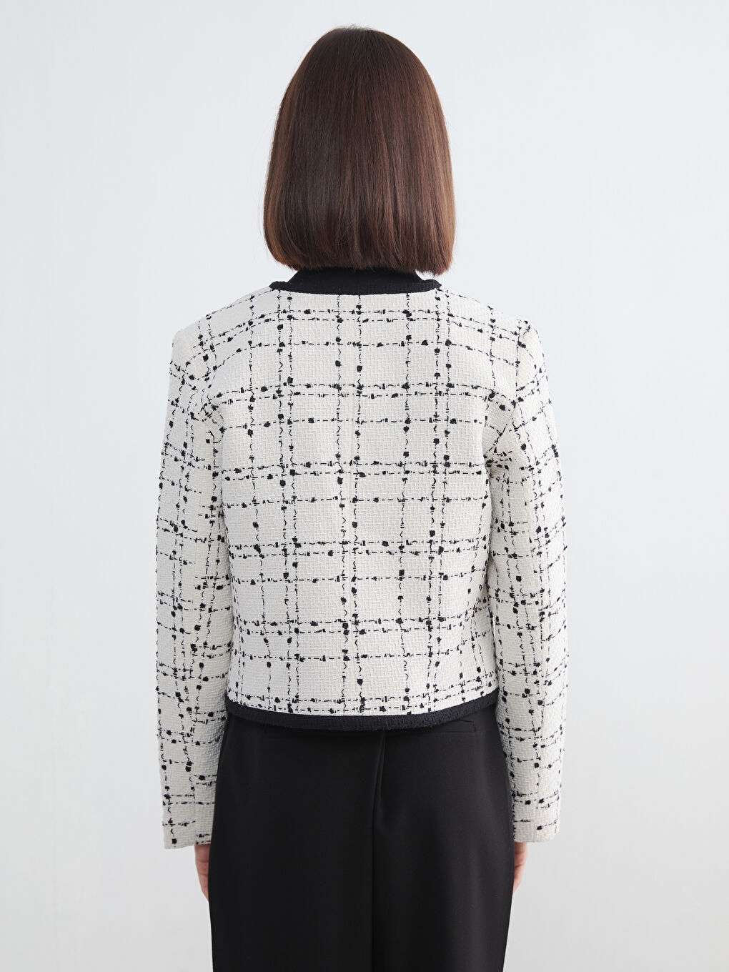 Ekru Bisiklet Yaka Ekose Kadın Tüvit Ceket-4