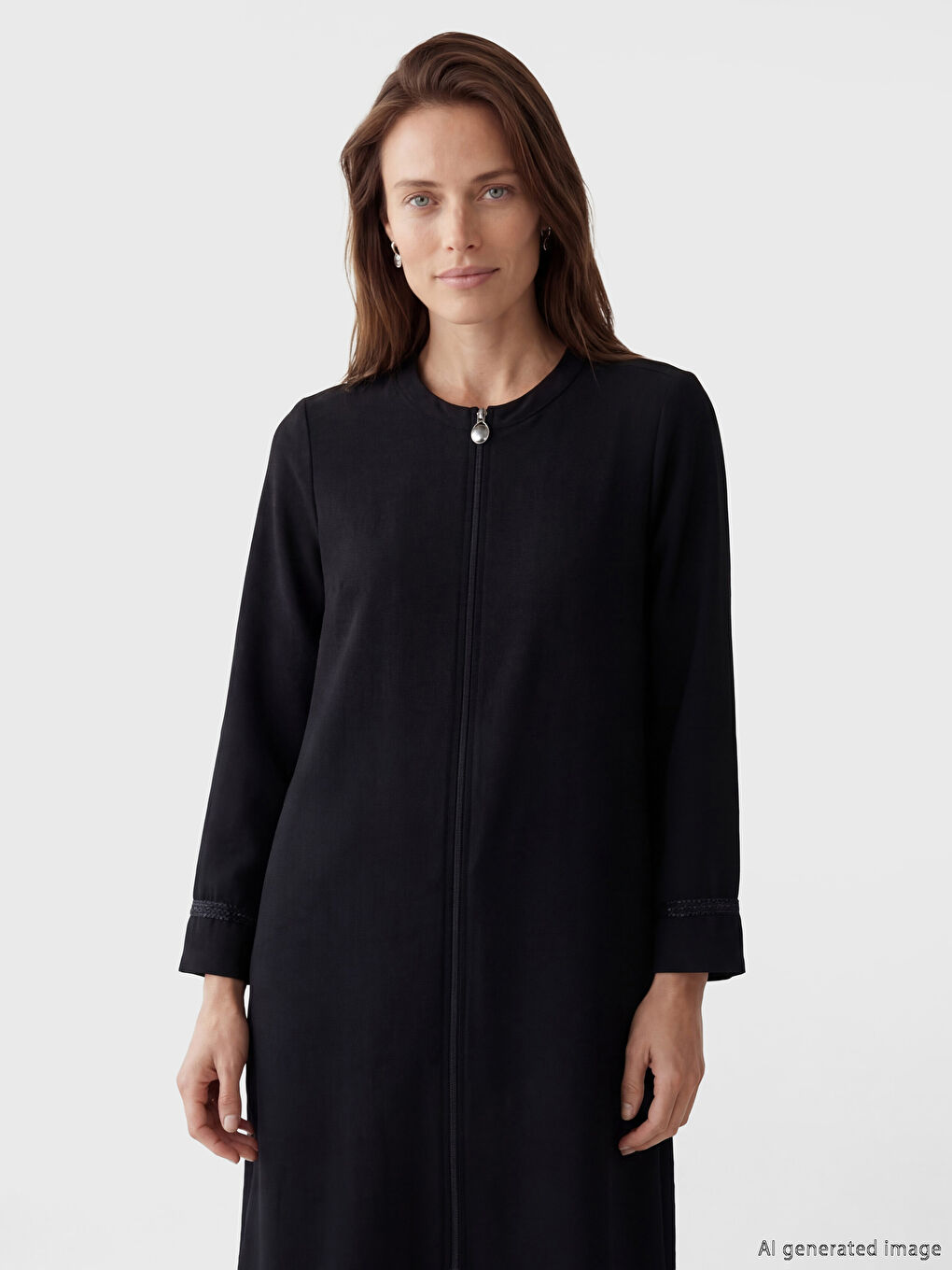 Siyah Bisiklet Yaka Keten Görünümlü Kadın Ferace-1