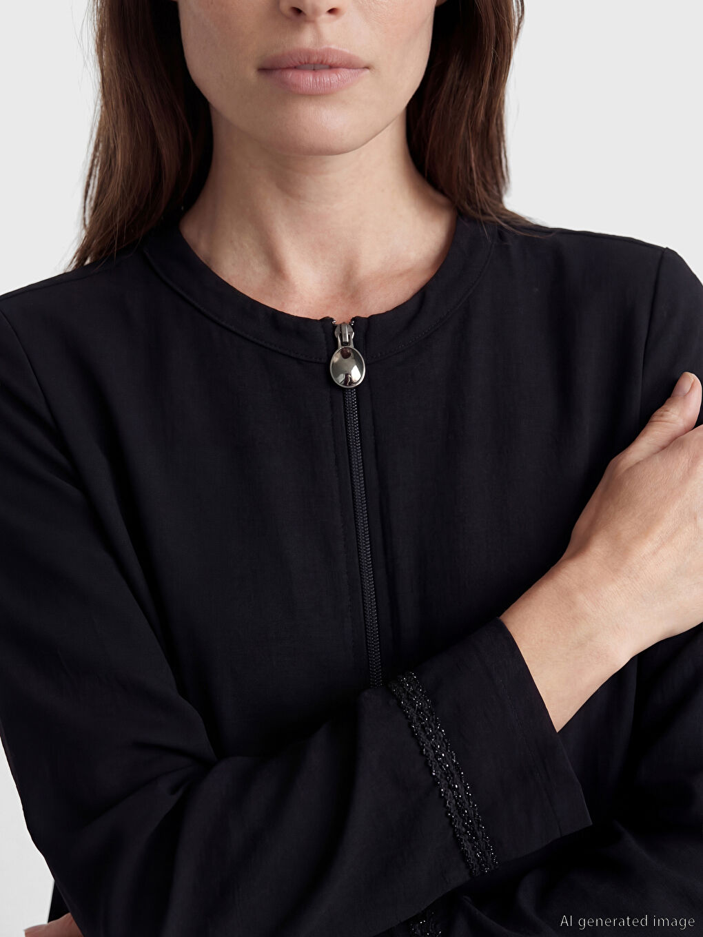 Siyah Bisiklet Yaka Keten Görünümlü Kadın Ferace-2