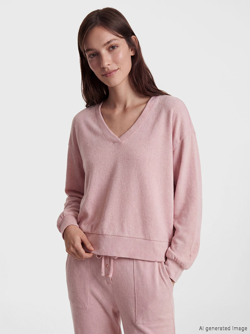 Pembe V Yaka Kadın Pijama Takım-1