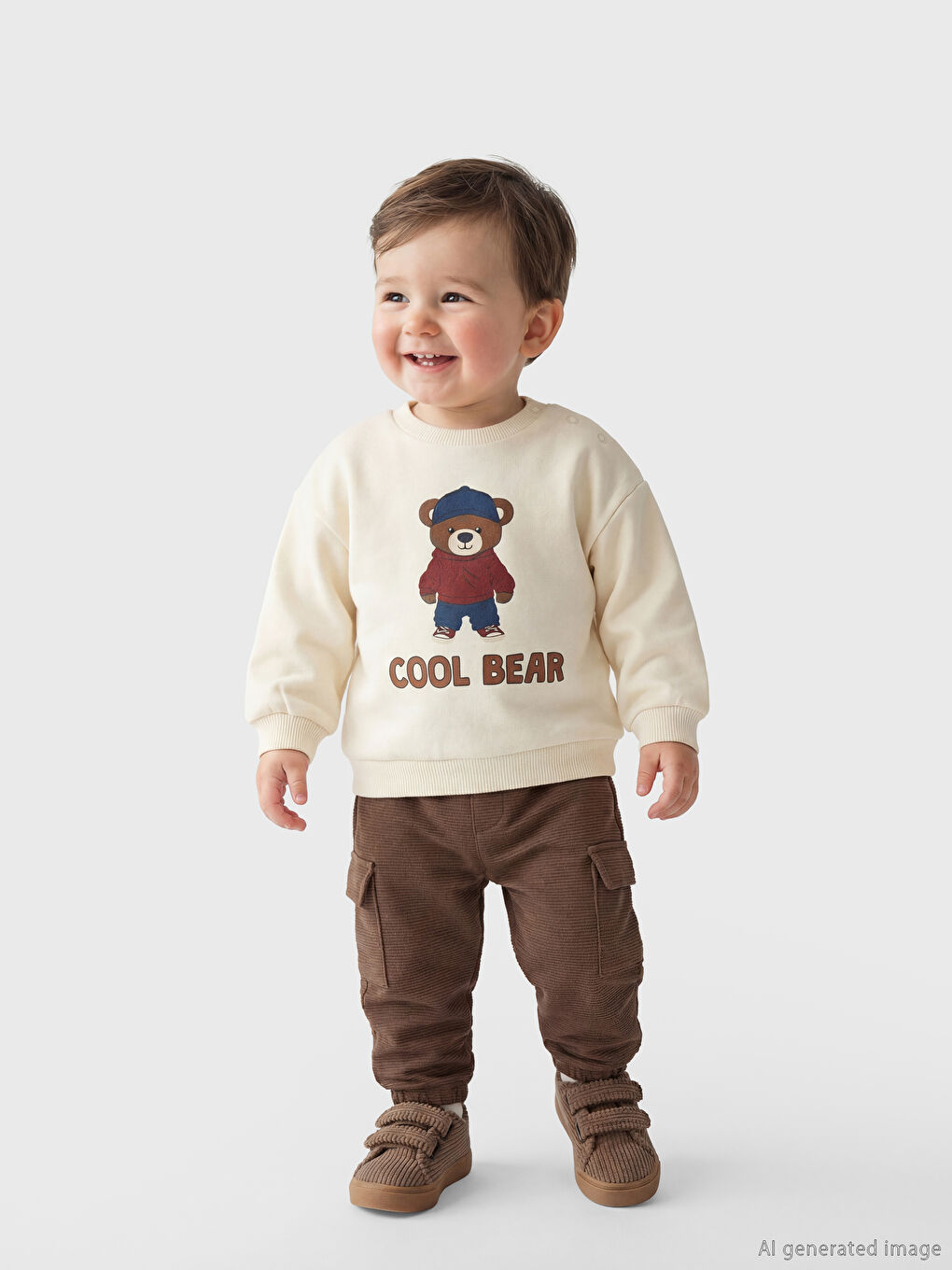 Bej Baskılı Erkek Bebek Sweatshirt ve Eşofman Altı