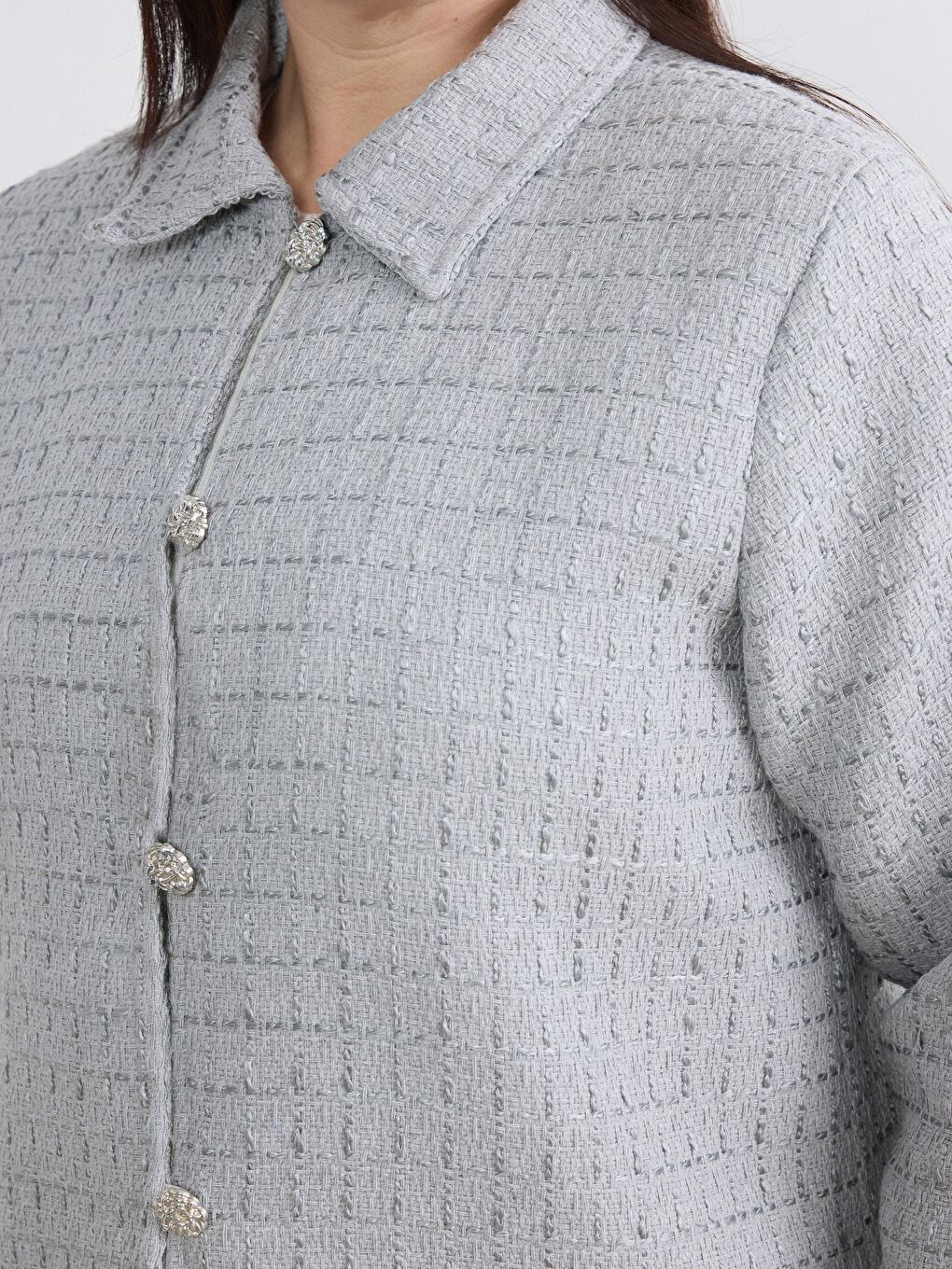 Gri Büyük Beden Gömlek Yaka Dokulu Kadın Tüvit Ceket-2