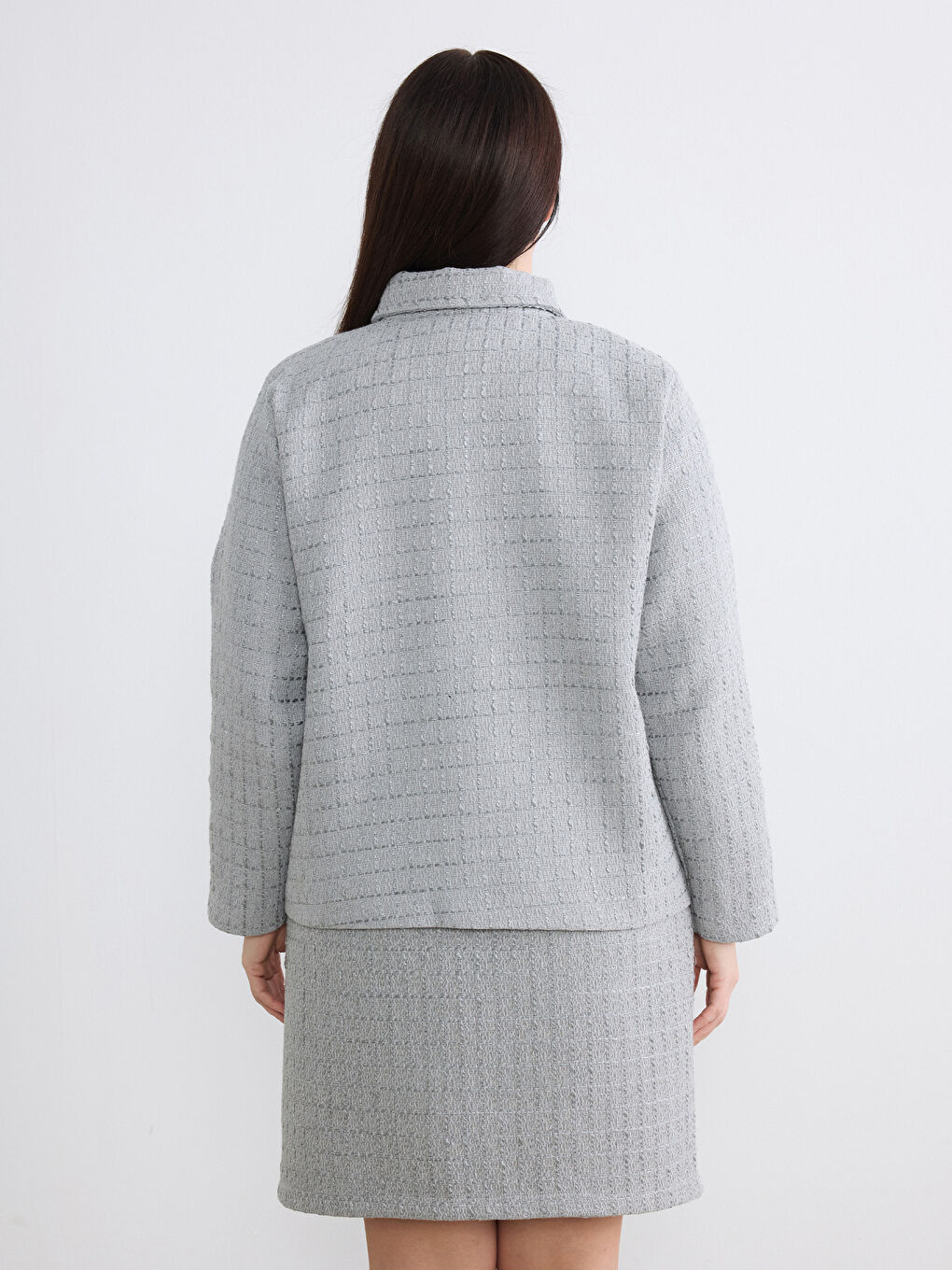 Gri Büyük Beden Gömlek Yaka Dokulu Kadın Tüvit Ceket-3