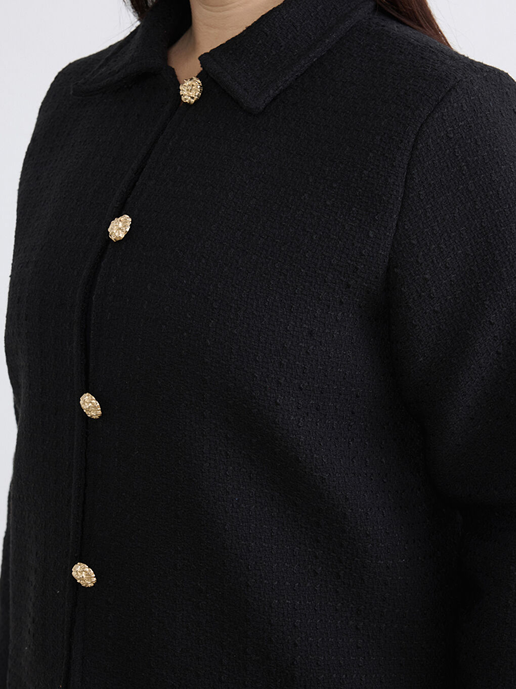 Siyah Büyük Beden Gömlek Yaka Dokulu Kadın Tüvit Ceket-2