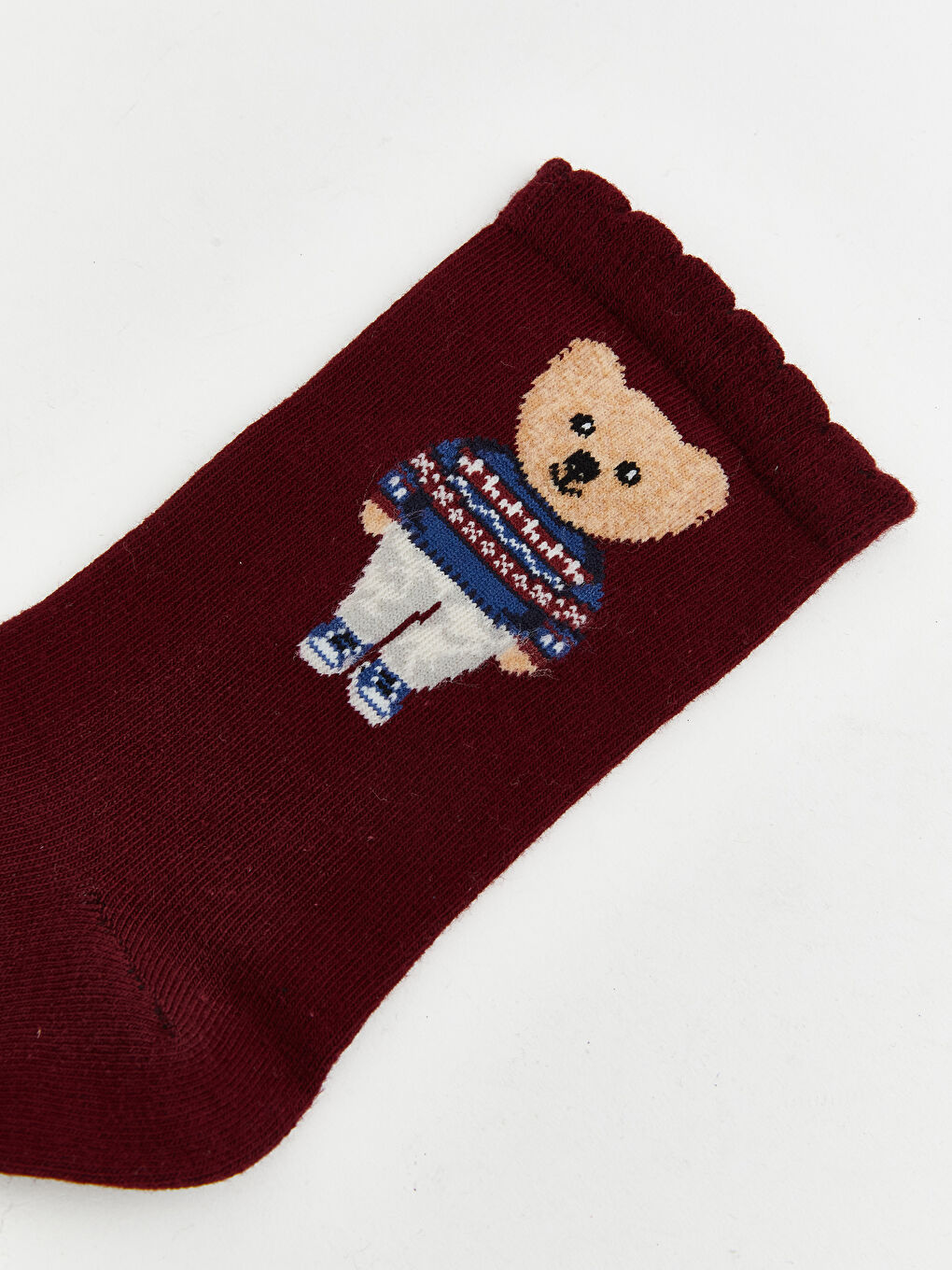 Bordo Ayı Teddy Baskılı Kadın Soket Çorap-1