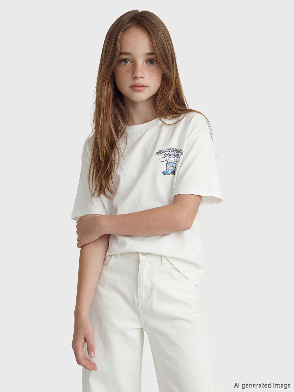 Ekru Bisiklet Yaka Cinnamoroll Baskılı Kız Çocuk Tişört-1