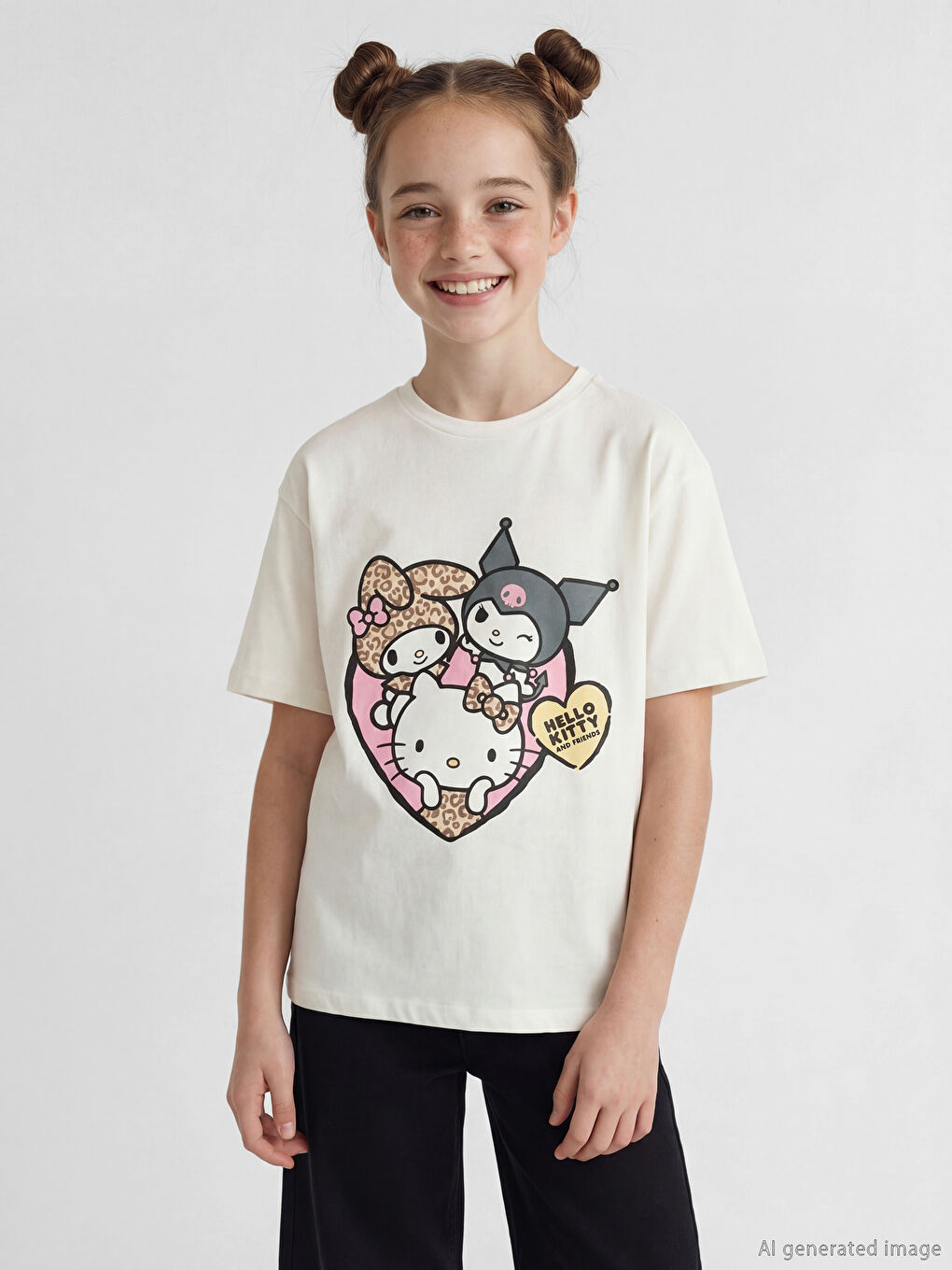 Ekru Hello Kitty Baskılı Kız Çocuk 2'li Tişört-1