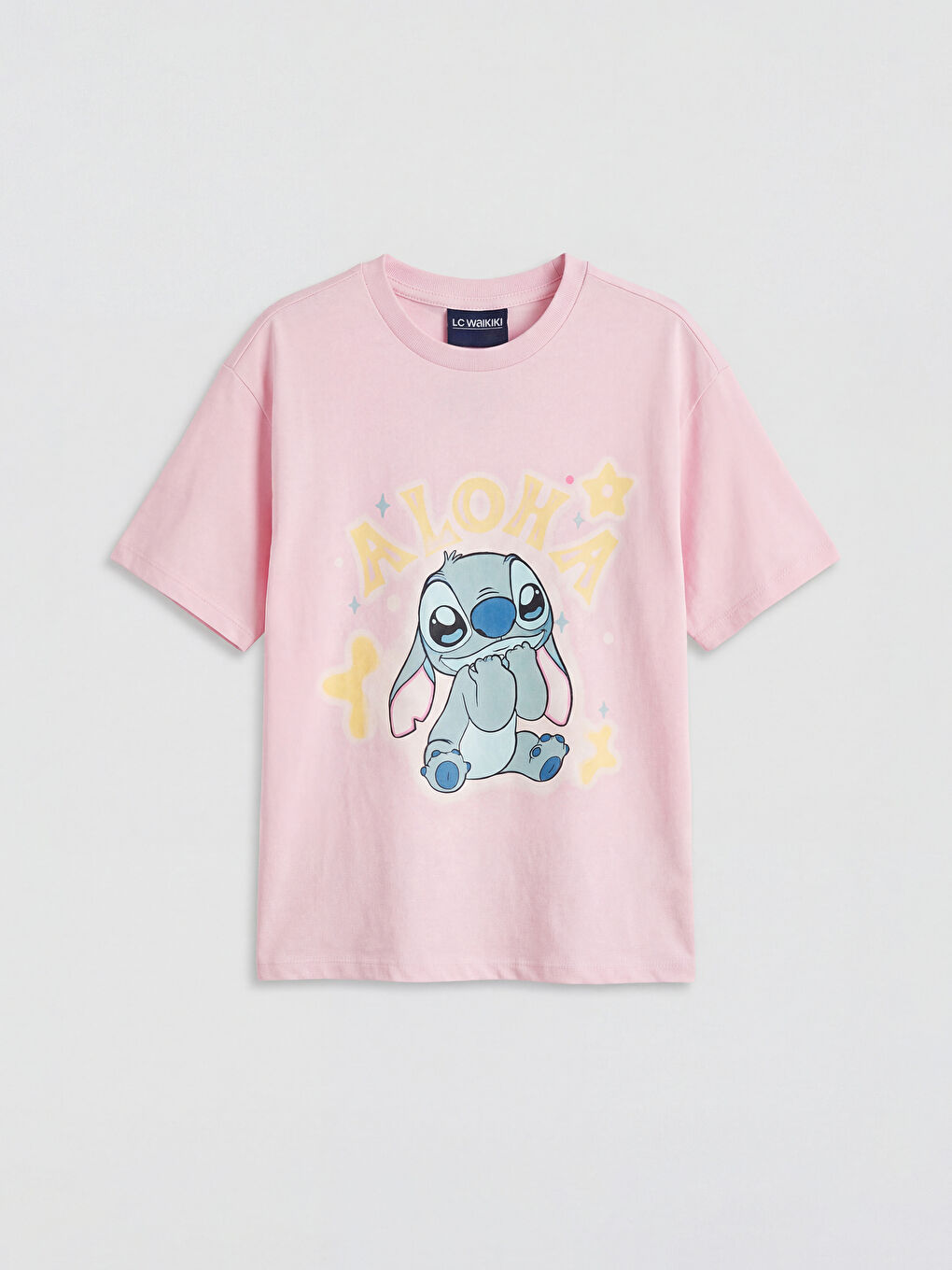 Pembe Bisiklet Yaka Stitch Baskılı Kız Çocuk Tişört