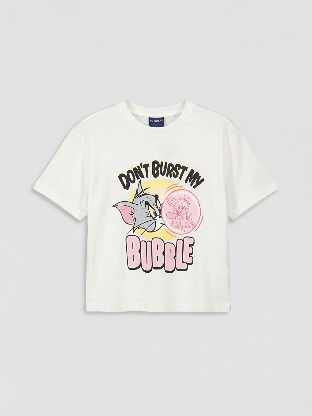 Ekru Bisiklet Yaka Tom ve Jerry Baskılı Kız Çocuk Tişört