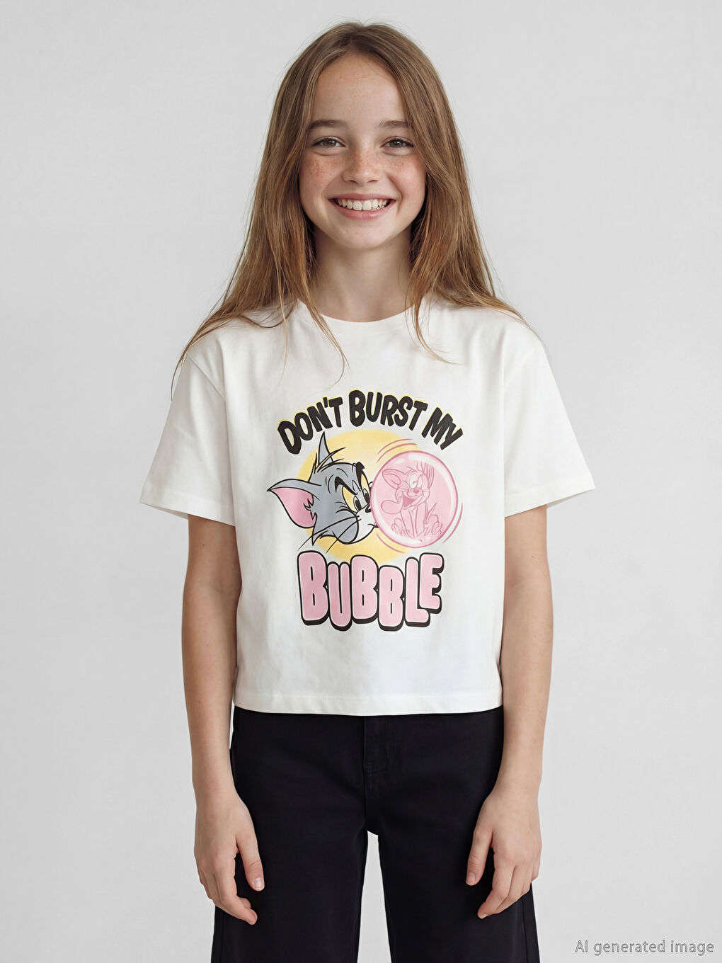 Ekru Tom ve Jerry Baskılı Kız Çocuk 2'li Tişört-1