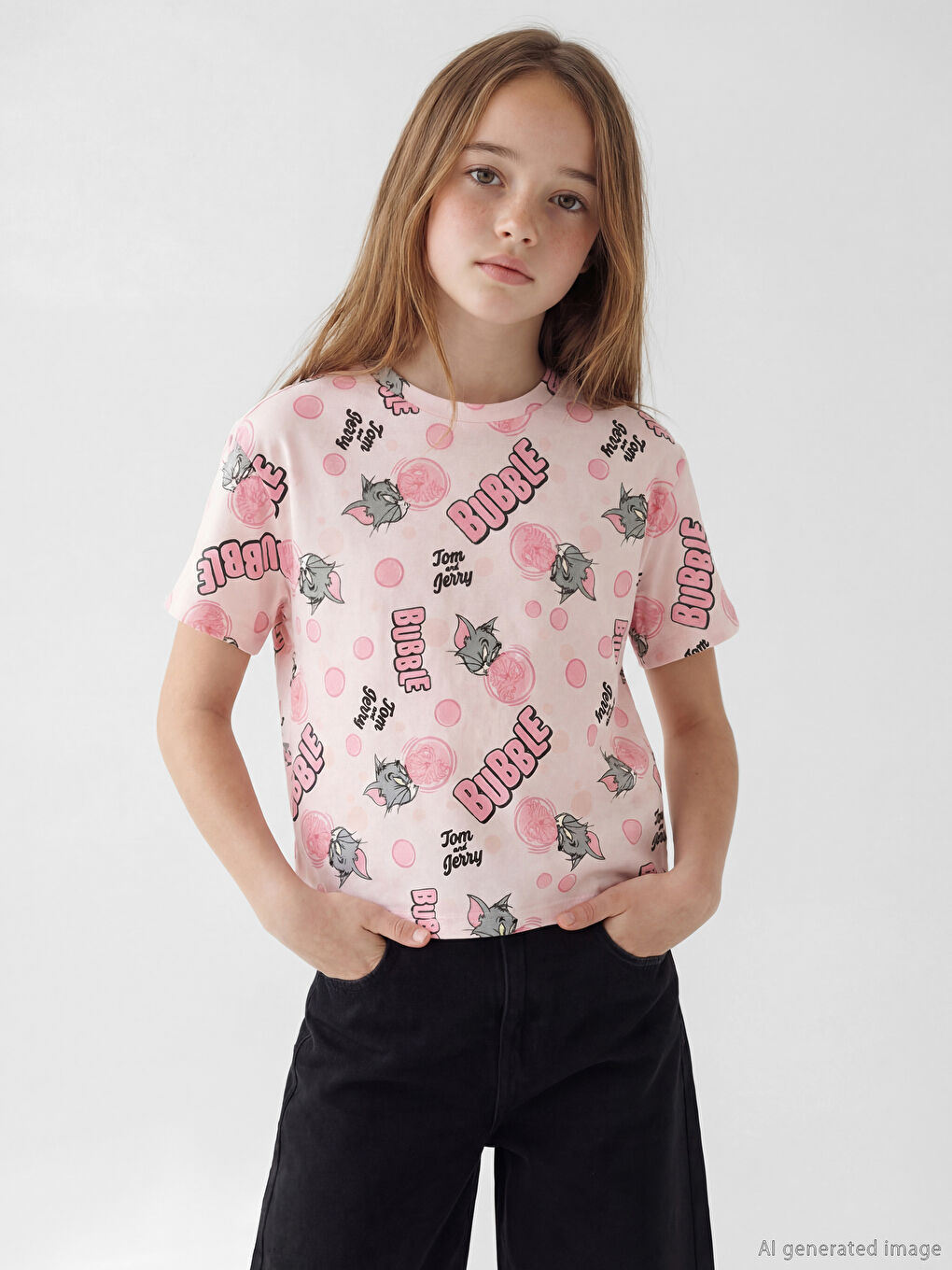 Ekru Tom ve Jerry Baskılı Kız Çocuk 2'li Tişört-2