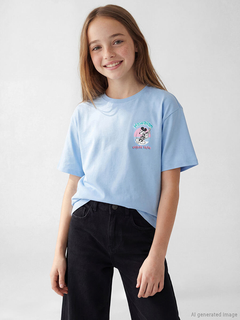 Mavi Mickey Mouse Baskılı Kız Çocuk Tişört 2'li-1