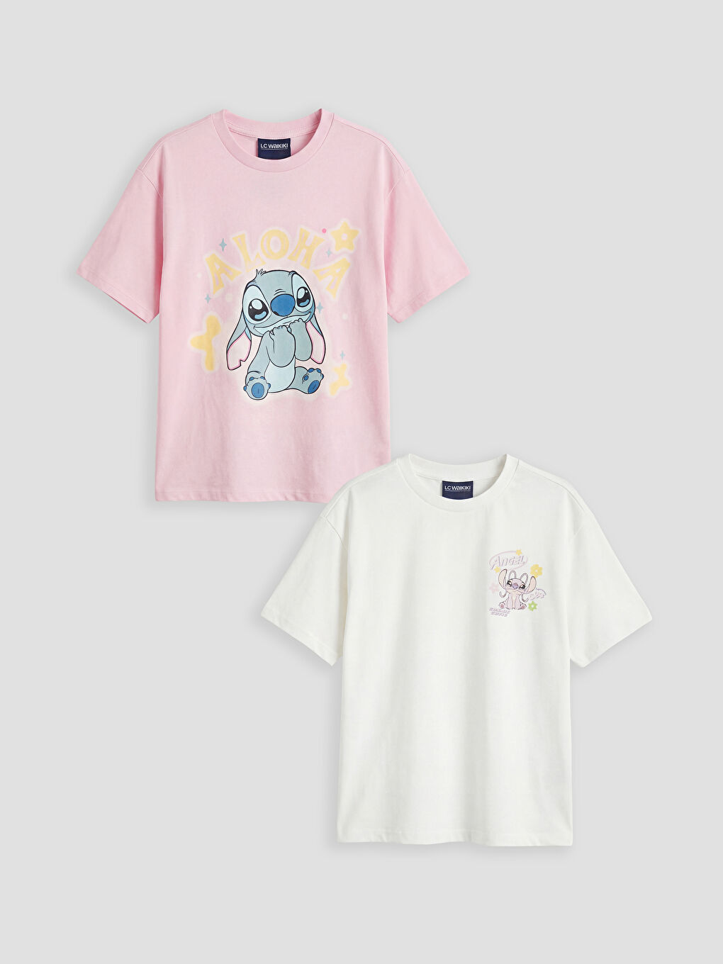 Pembe Stitch ve Angel Baskılı Kız Çocuk 2'li Tişört