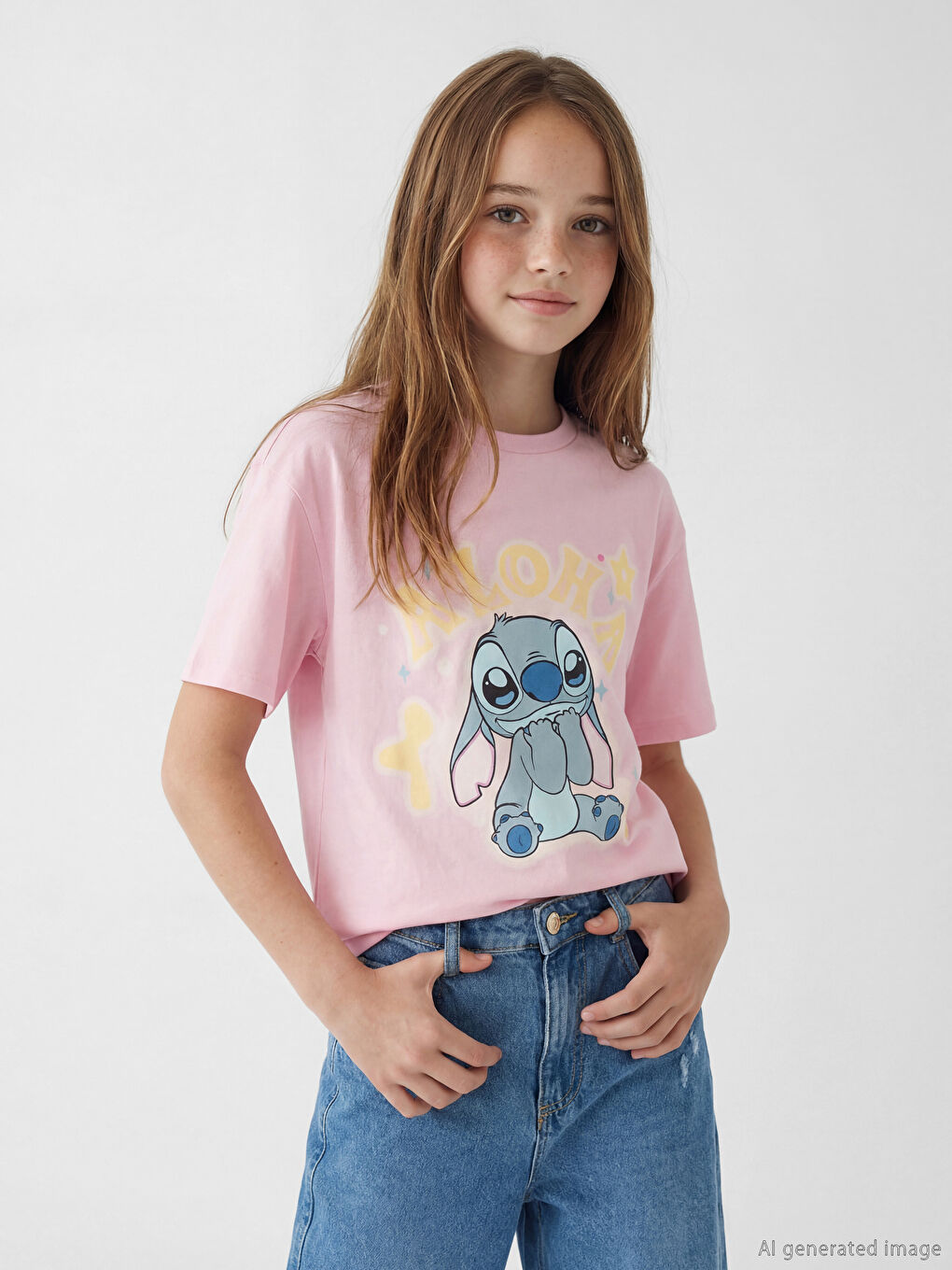 Pembe Stitch ve Angel Baskılı Kız Çocuk 2'li Tişört-1