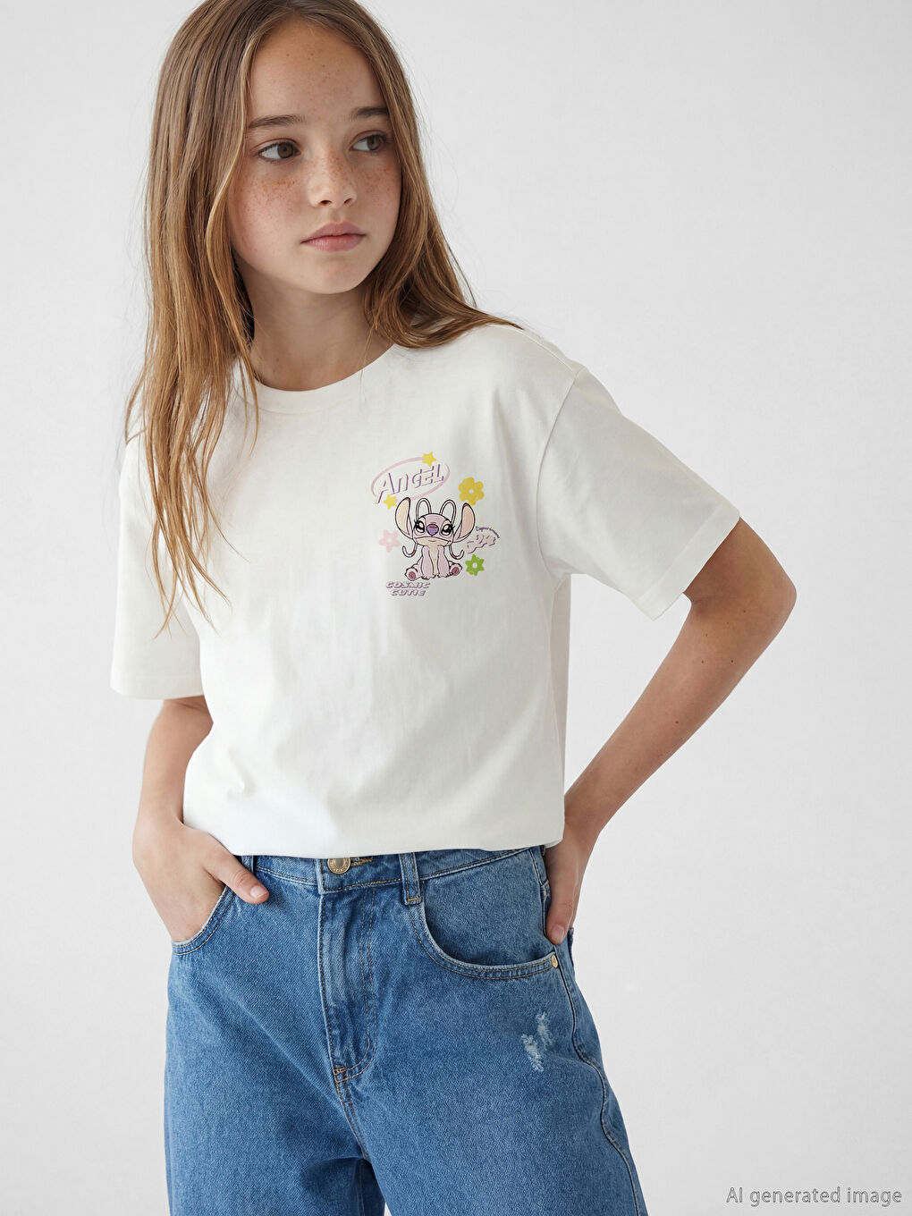 Pembe Stitch ve Angel Baskılı Kız Çocuk 2'li Tişört-2