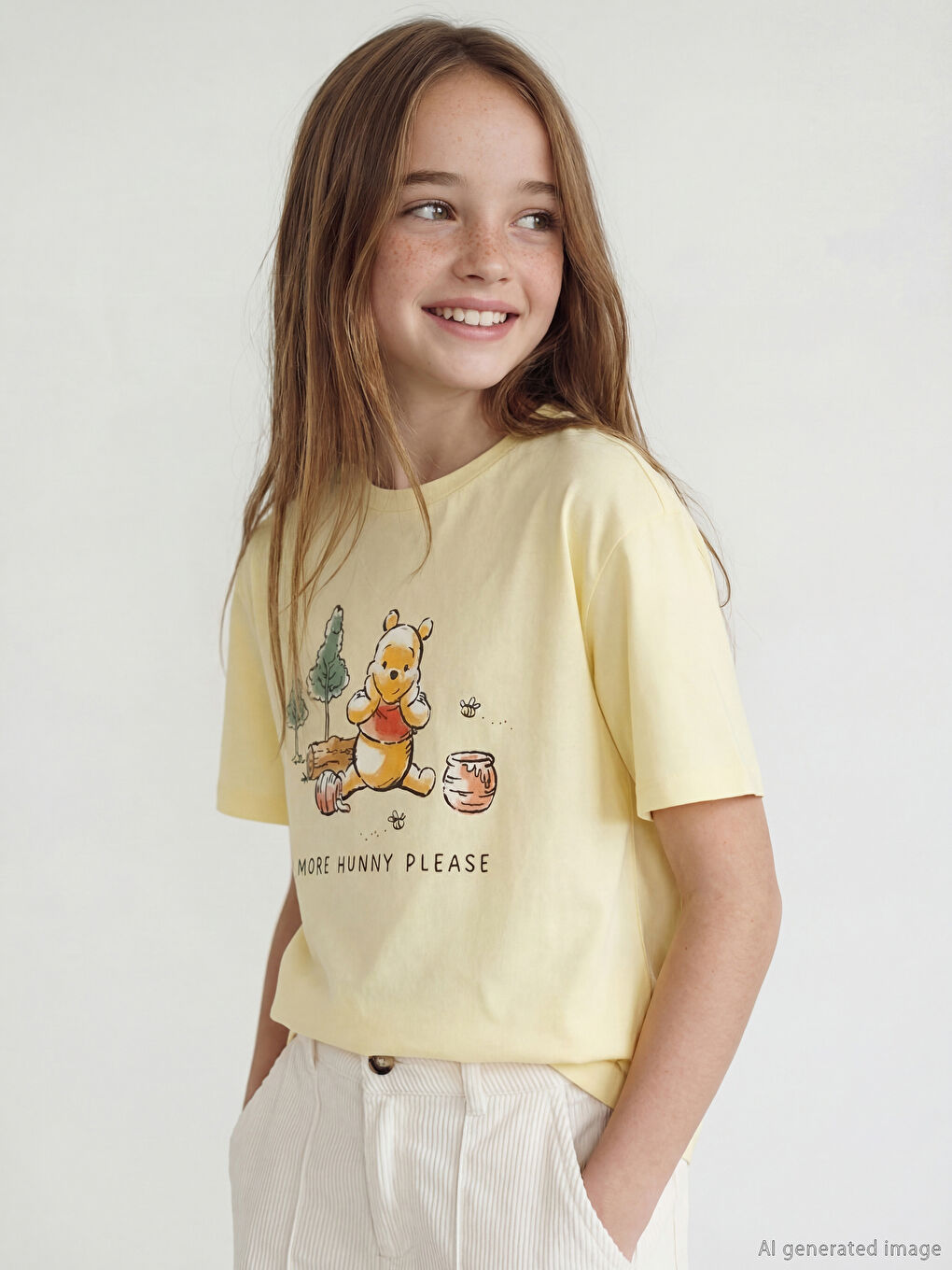 Ekru Winnie the Pooh Baskılı Kız Çocuk 2'li Tişört-1