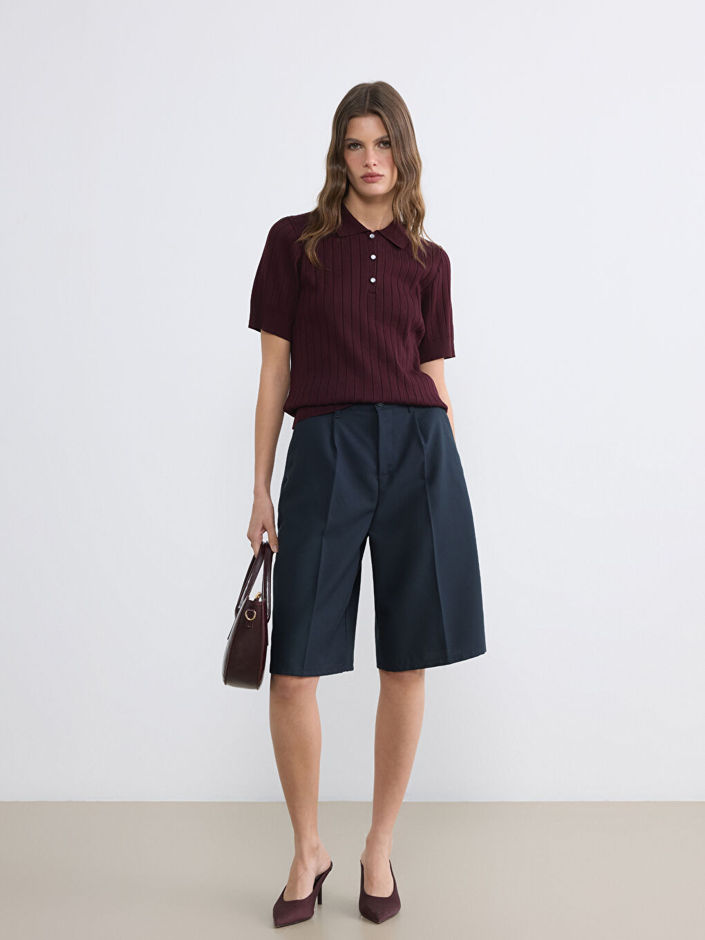 Bordo Polo Yaka Kadın Triko Kazak	-1