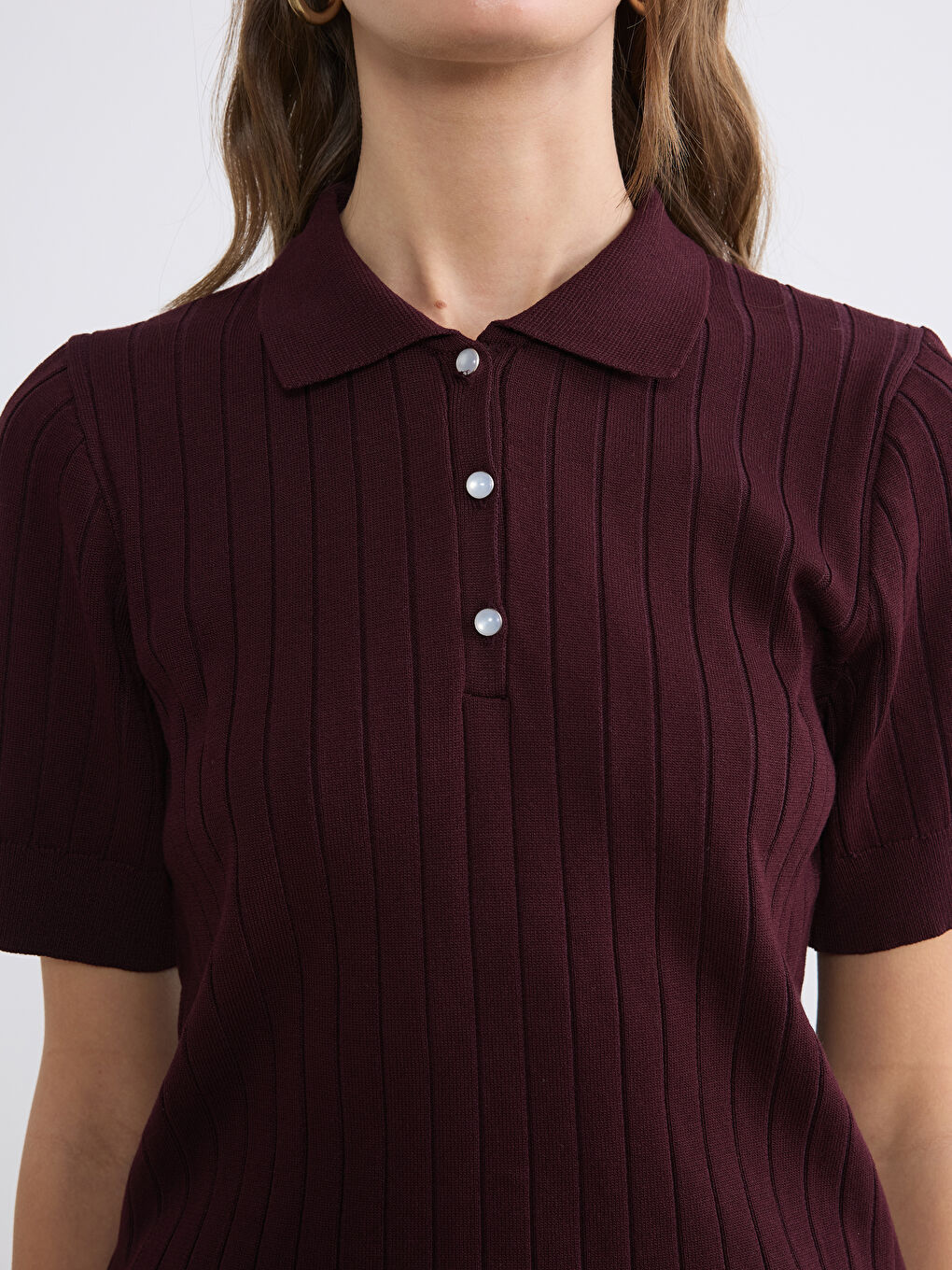 Bordo Polo Yaka Kadın Triko Kazak	-2