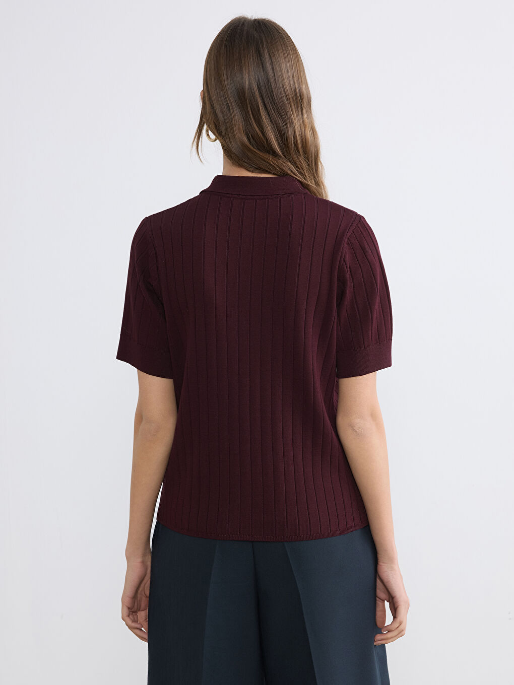 Bordo Polo Yaka Kadın Triko Kazak	-3