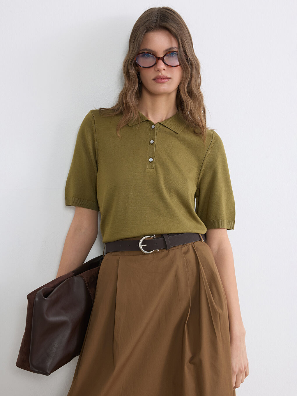 Haki Polo Yaka Kadın Triko Kazak	