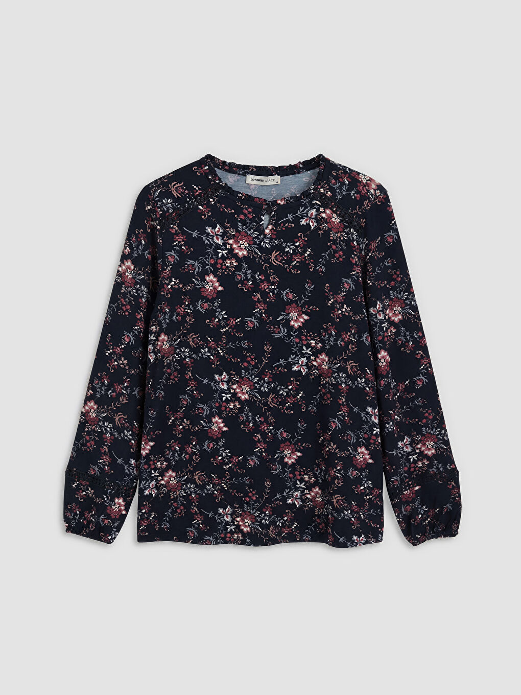 Lacivert Bisiklet Yaka Çiçekli Bluz
