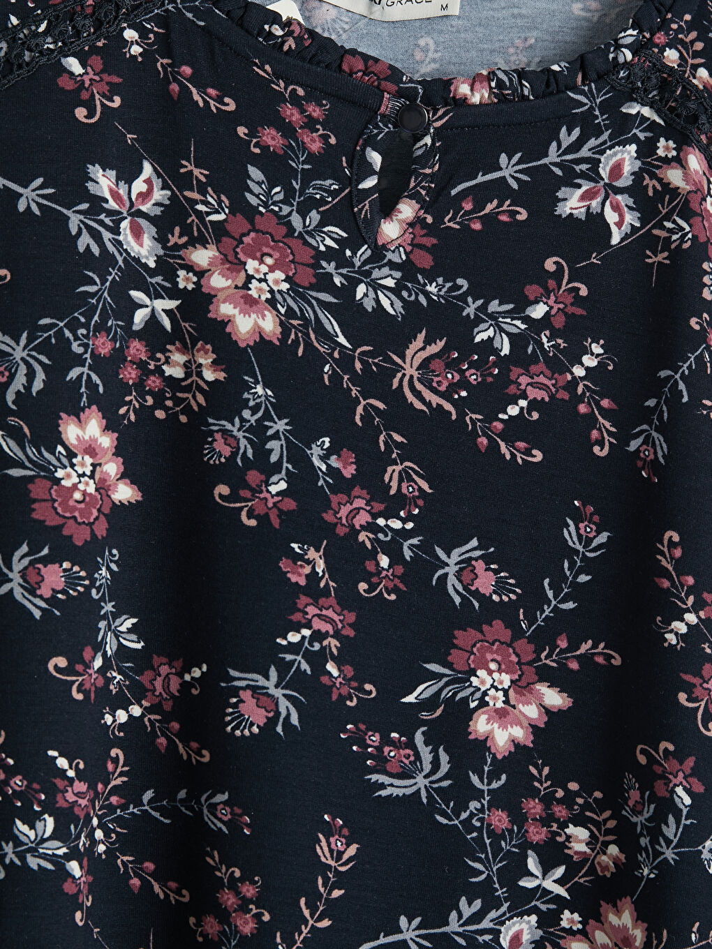 Lacivert Bisiklet Yaka Çiçekli Bluz-2